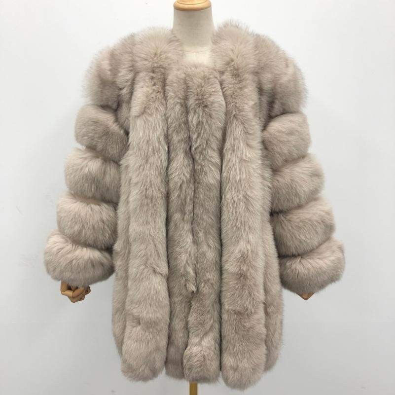 Fashion Women's Long Fox Fur Coat Vertical Stripes Solid Color - Janefur