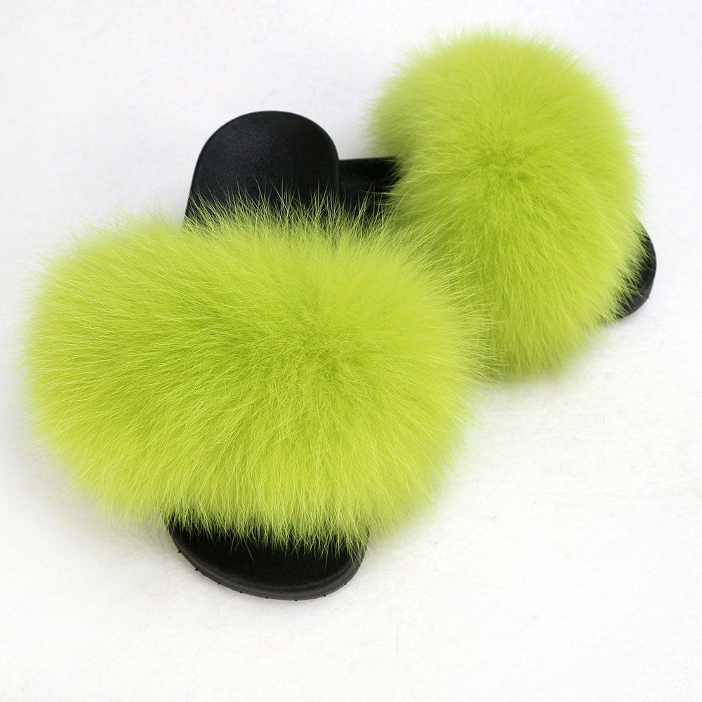 Janefur Wholesale Women's Fashion Slippers With Real Fox Fur Trim (Black, Gold, Silver Soles)