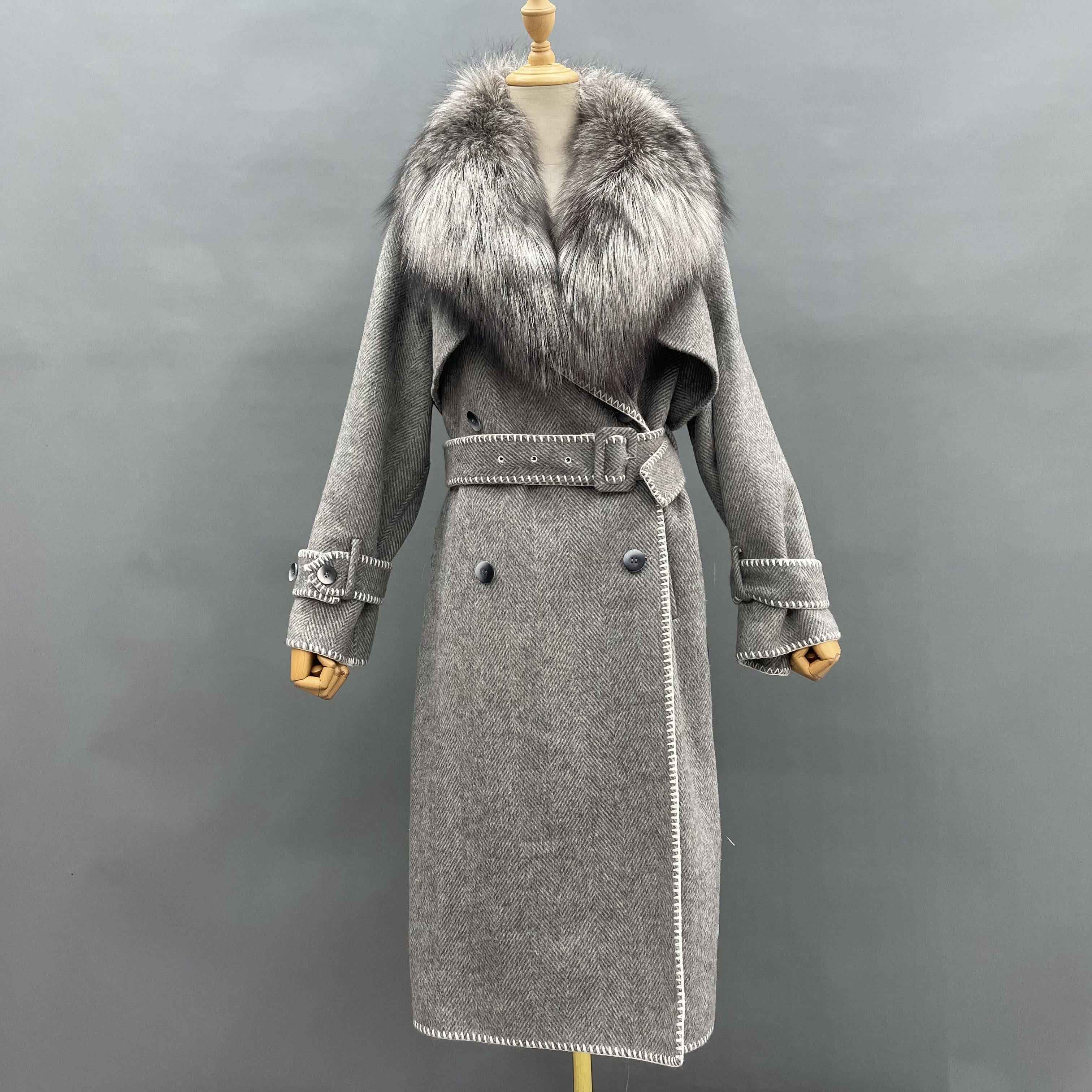 Women's Luxury Double - Faced Herringbone Wool Trench Coat with Large Fox Fur Collar, Belted & Contrast Stitching, Elegant Winter Outerwear
