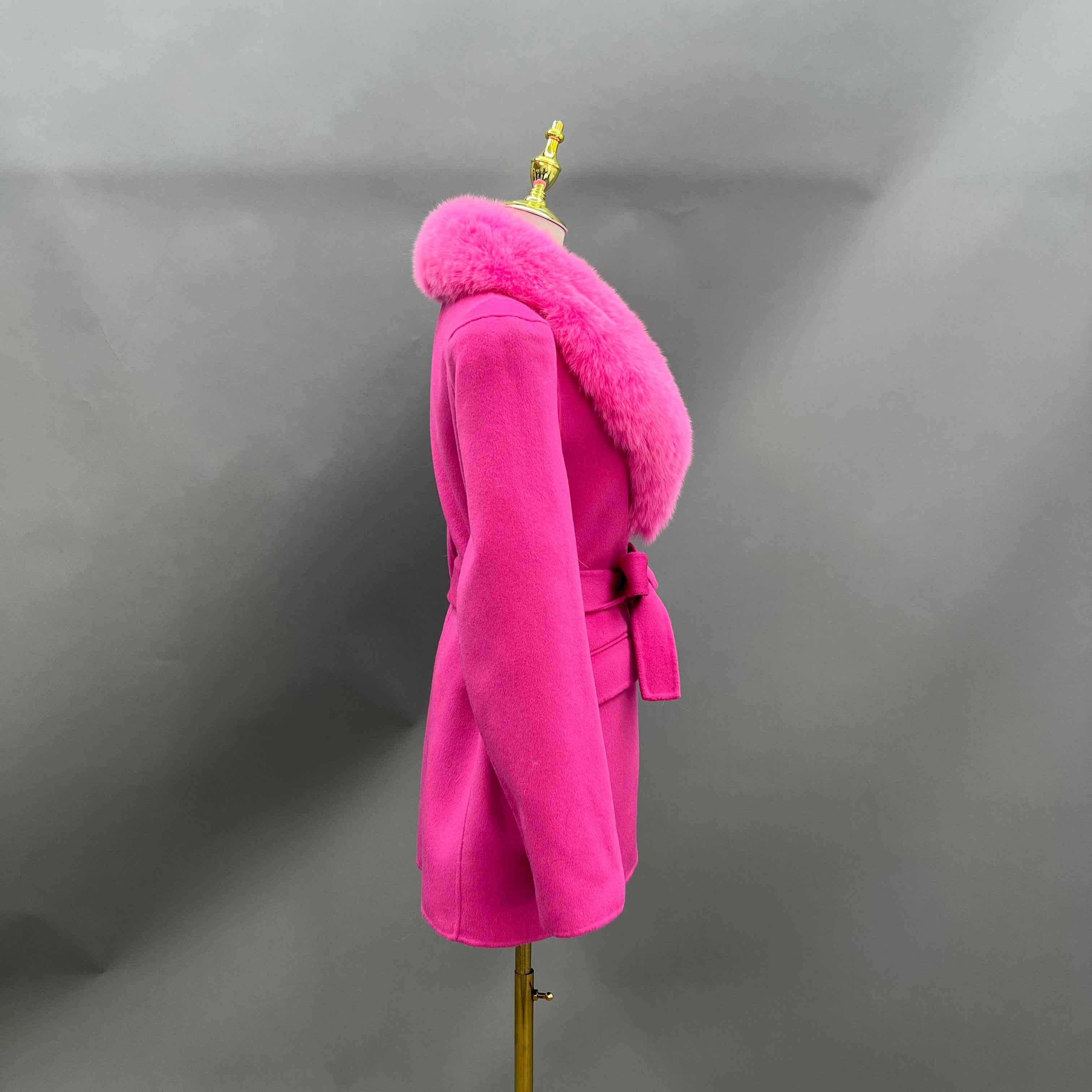 Cashmere Double Faced Coat with Fox Fur Collar, Tie Belt and Shoulder Pads