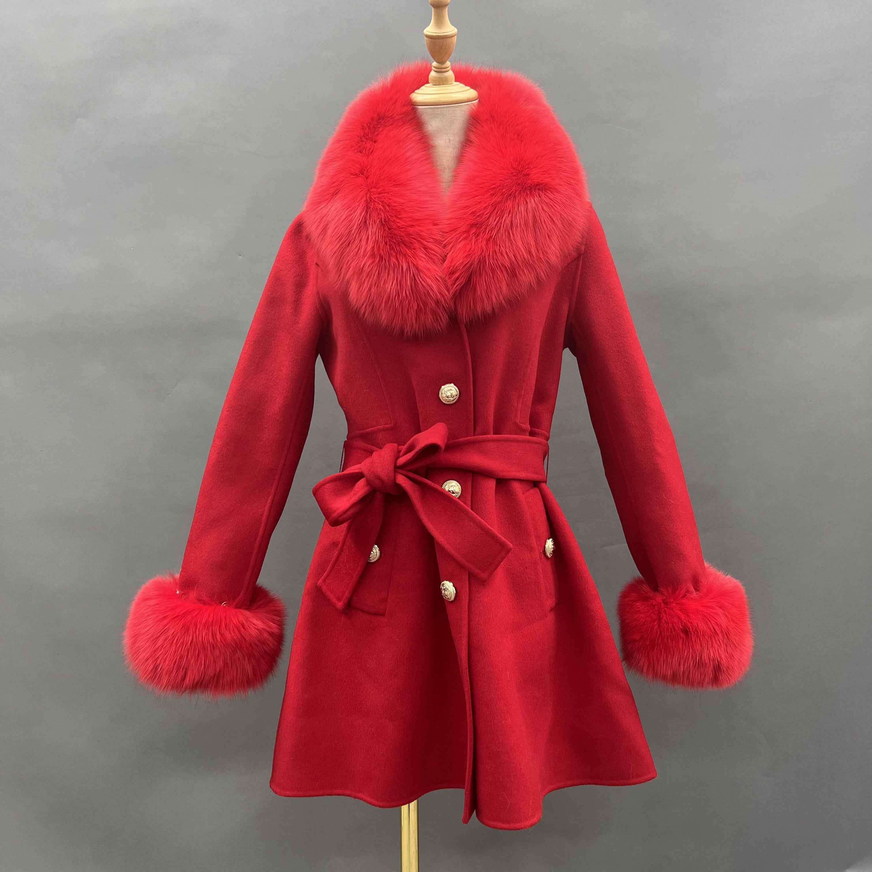 Autumn Winter Red Double - faced Wool Belted Coat
