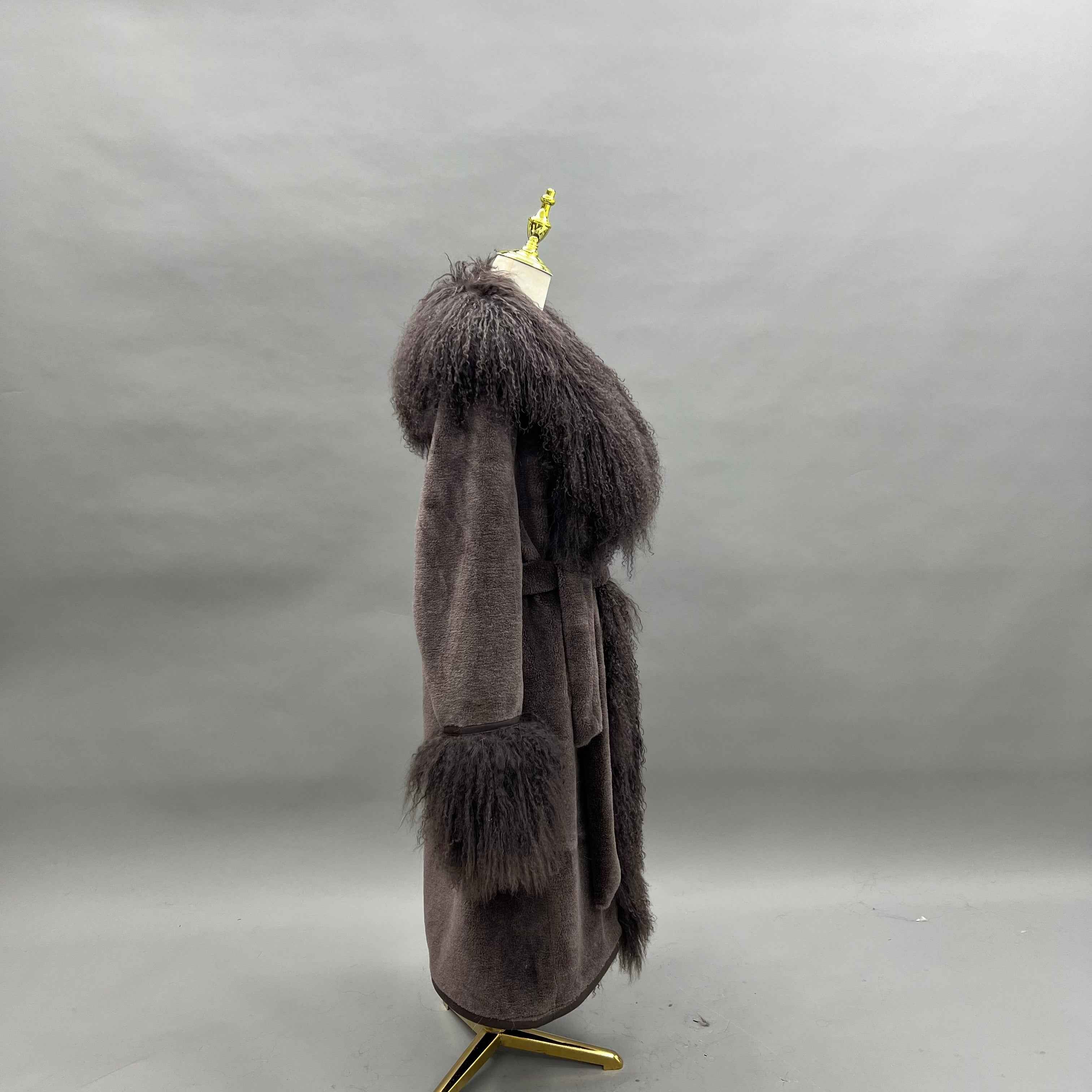 Luxury Shearling Long Coat with Tibetan Lamb Fur Trimmed Cuffs & Placket, Belted Design