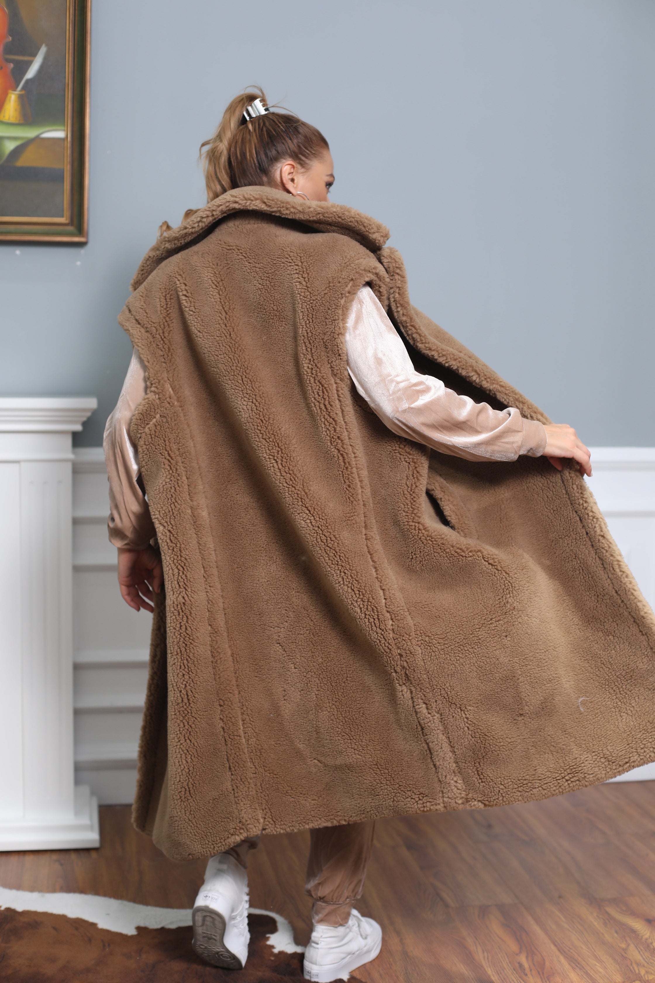 Women's Tan Long Teddy Fleece Vest with Double-Breasted Notched Lapel - Stylish Winter Outerwear