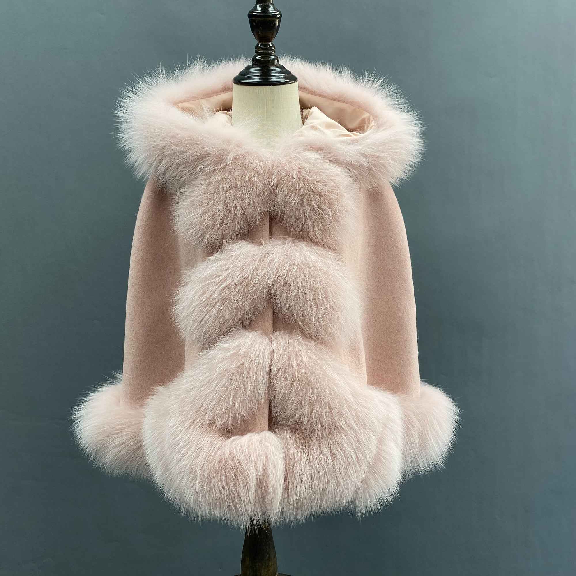 Kids fox fur trimmed hooded cape