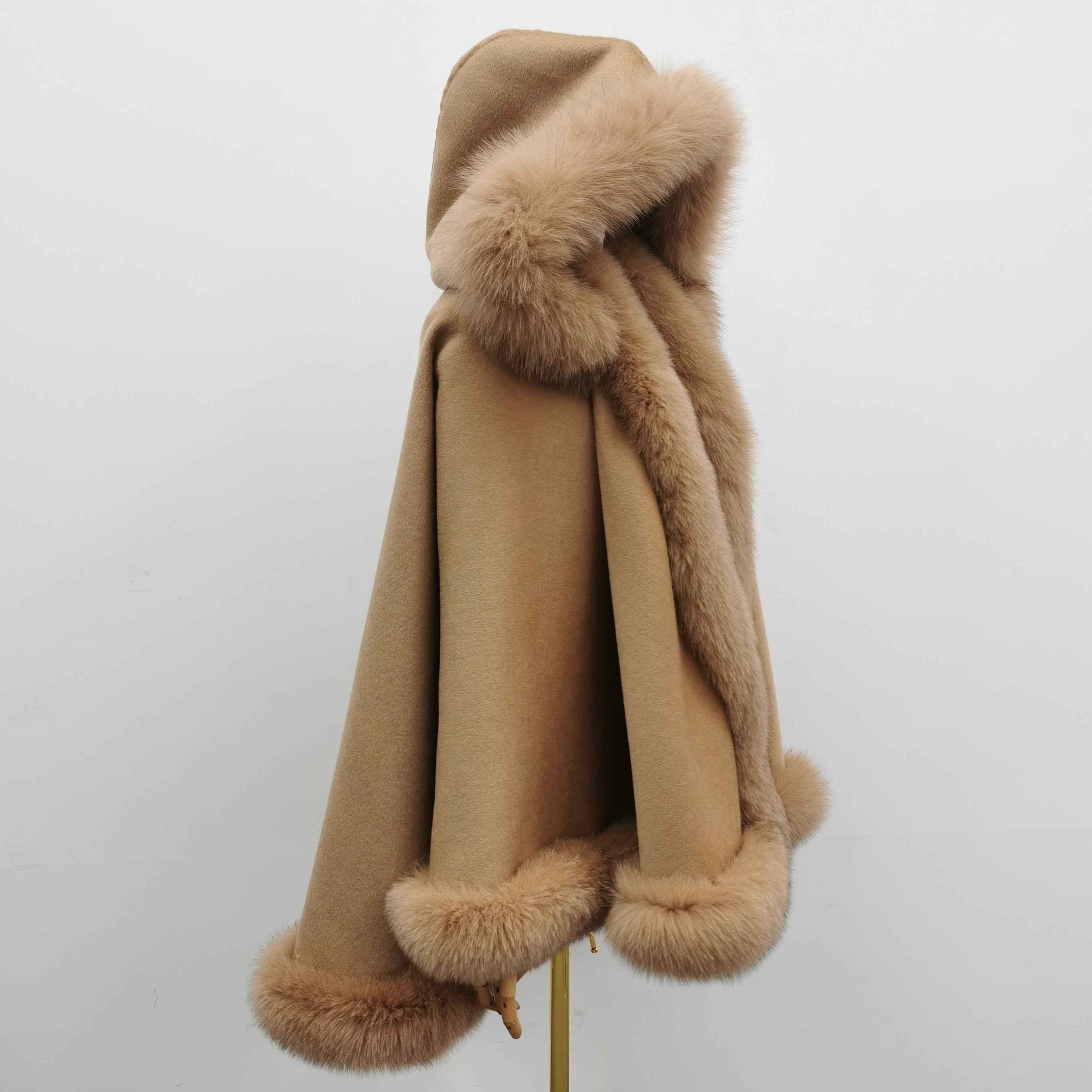 Women's Luxurious Fox Fur Cape with Removable Hood - High-End Winter Outerwear