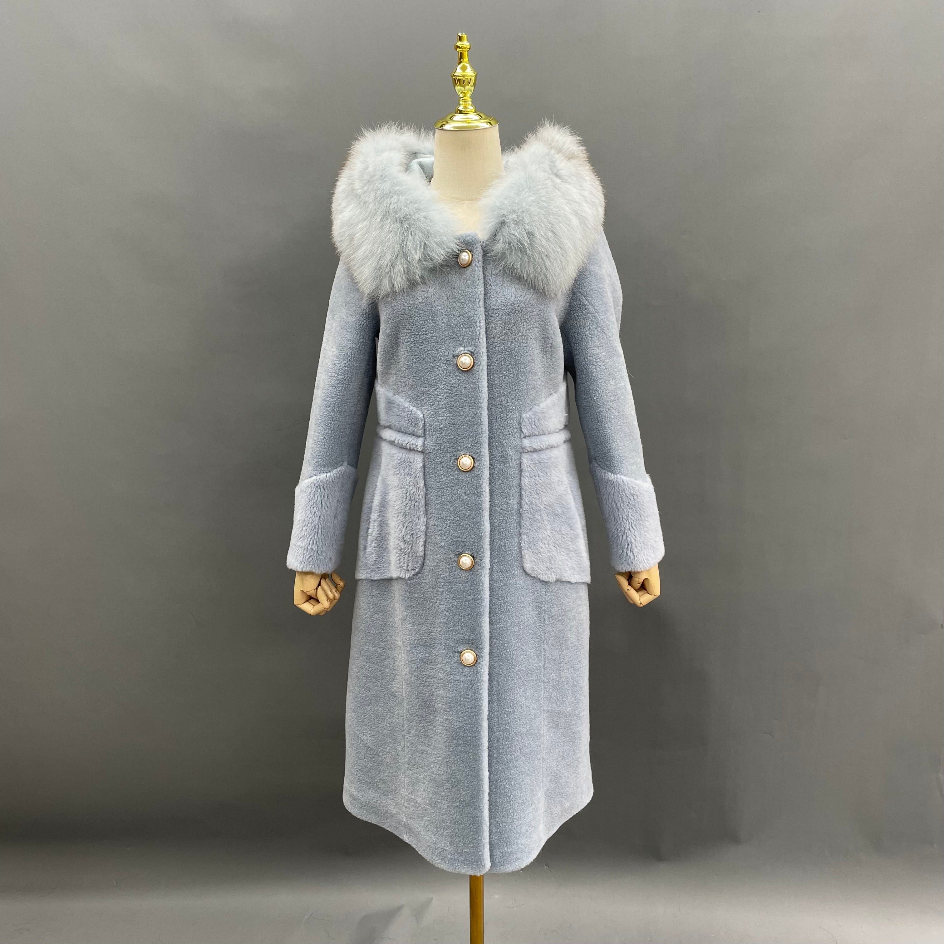 Women's Shearling Long Coat with Hood, Pearl Buttons & Fox Fur Trim - Luxurious Winter Outerwear