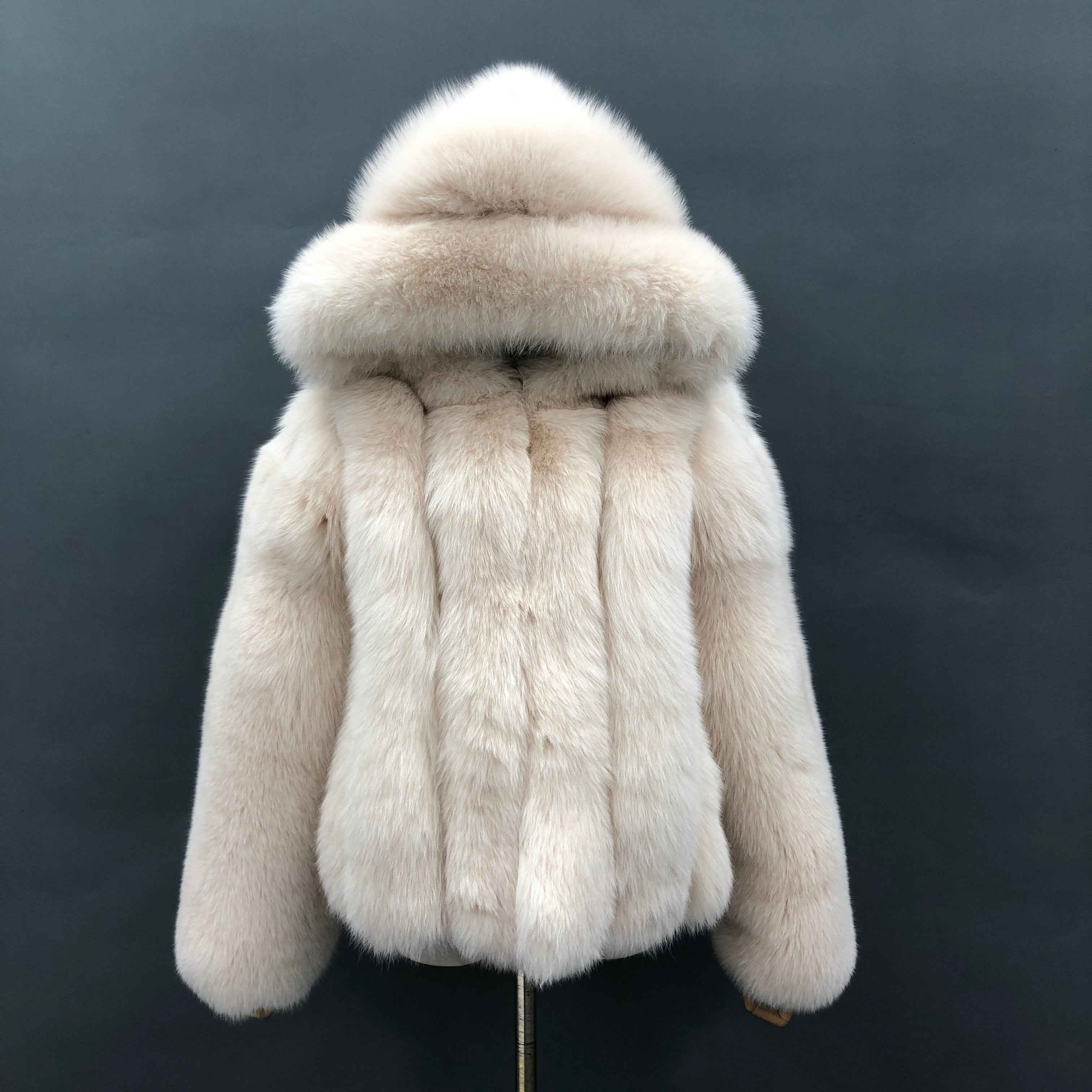 Luxury Fluffy Red Fox Fur Hooded Coat with Vertical Stripes - Short Winter Jacket White Contact us to customized