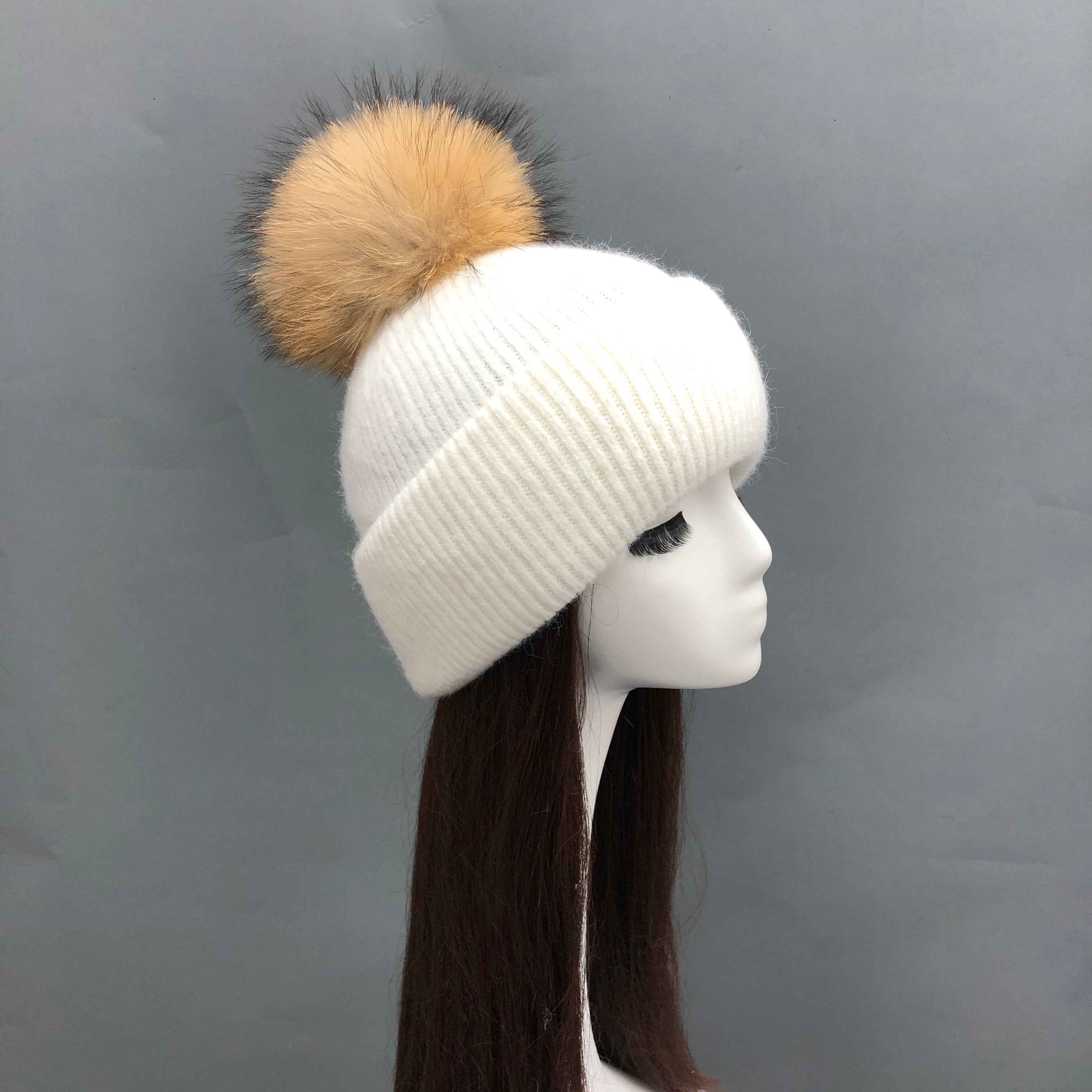 Wholesale Fine Ribbed Rabbit Fur Knit Beanie – Raccoon Fur Pompom Top, Warm Winter Hat for Women, Premium Quality in Bulk 4#White Adult