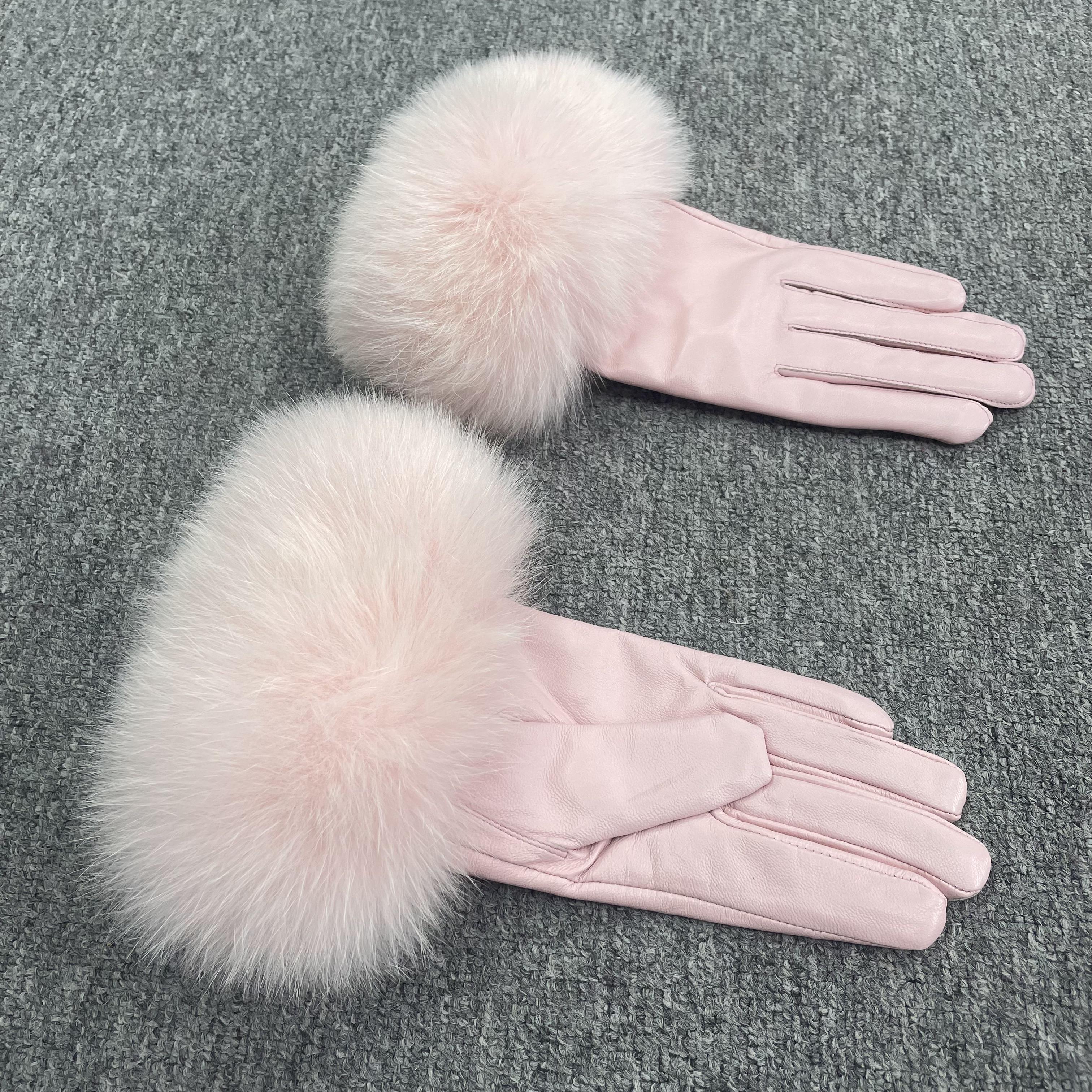 Women’s Black Leather Gloves with Real Fox Fur Trim – Elegant Winter Fashion Accessory for Luxury Style 12 F