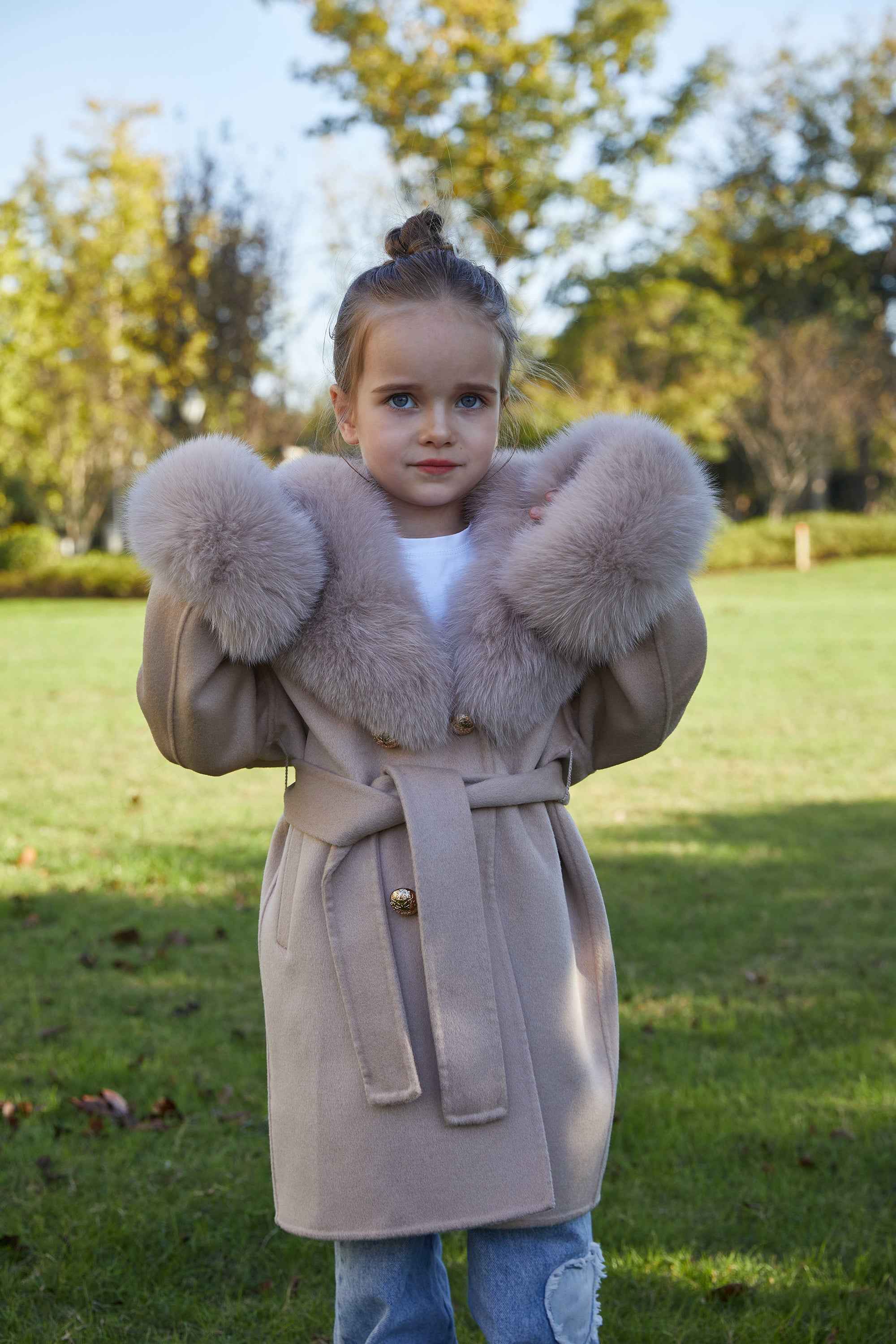 European Style Long Double Side Real Fur Shawl Collar Cashmere Wool Fur Children Coat