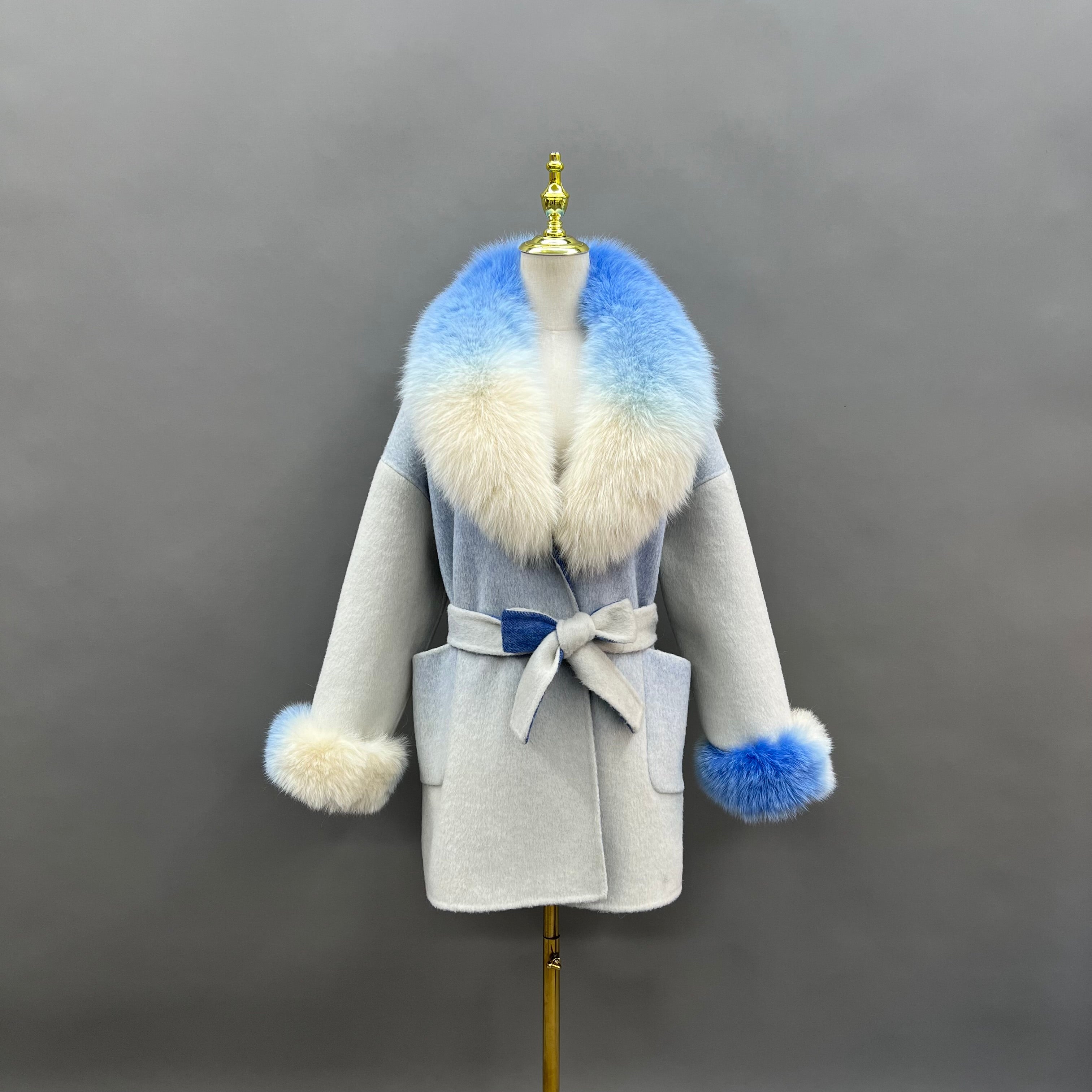 Women’s Pink Gradient Real Fox Fur Collar Wool Coat – Bow Belted Short Winter Jacket for Elegant Fashion 2#Gradient Blue