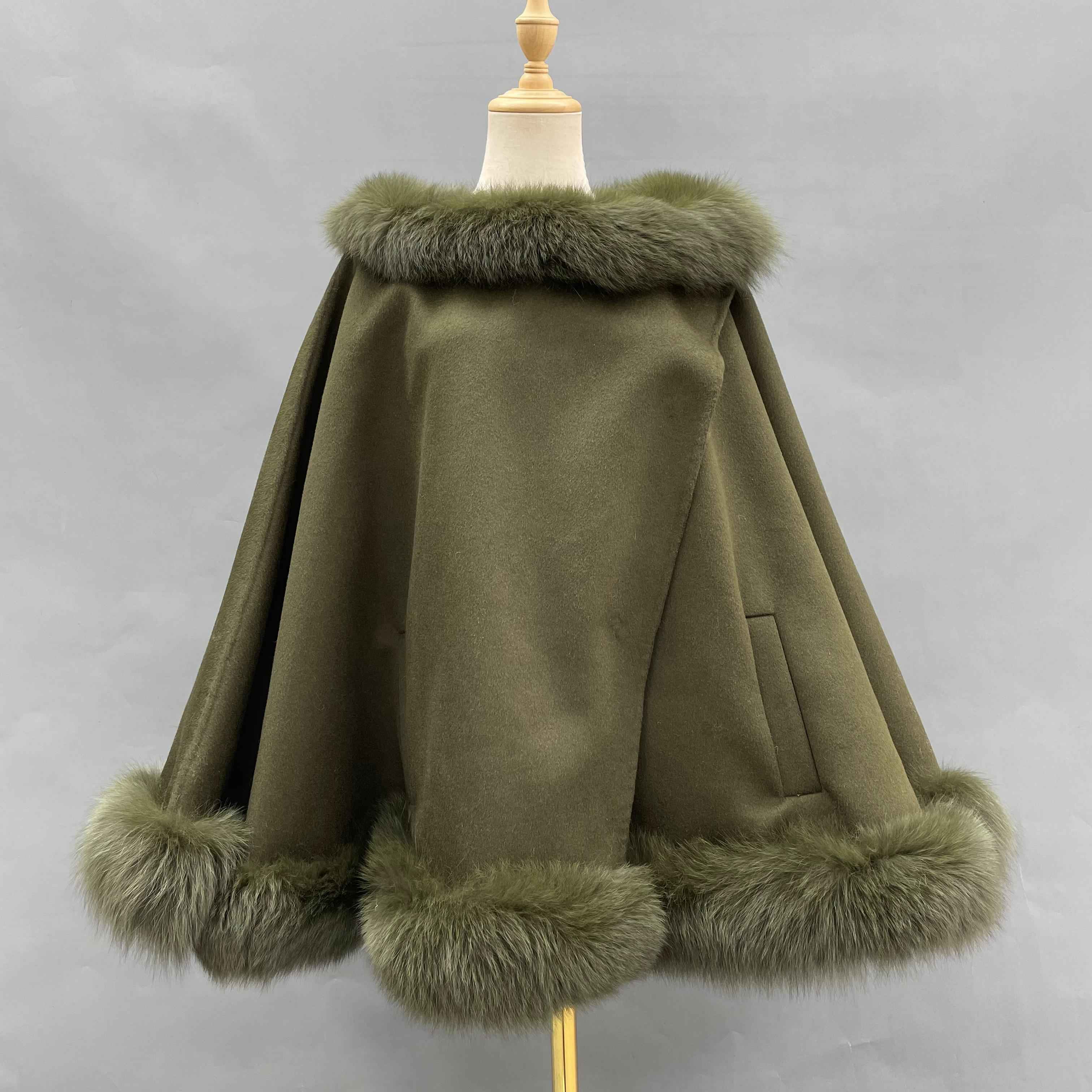 Women's Luxurious Fox Fur Trimmed Crew Neck Cape - Winter Fashion Outerwear Dark Green F