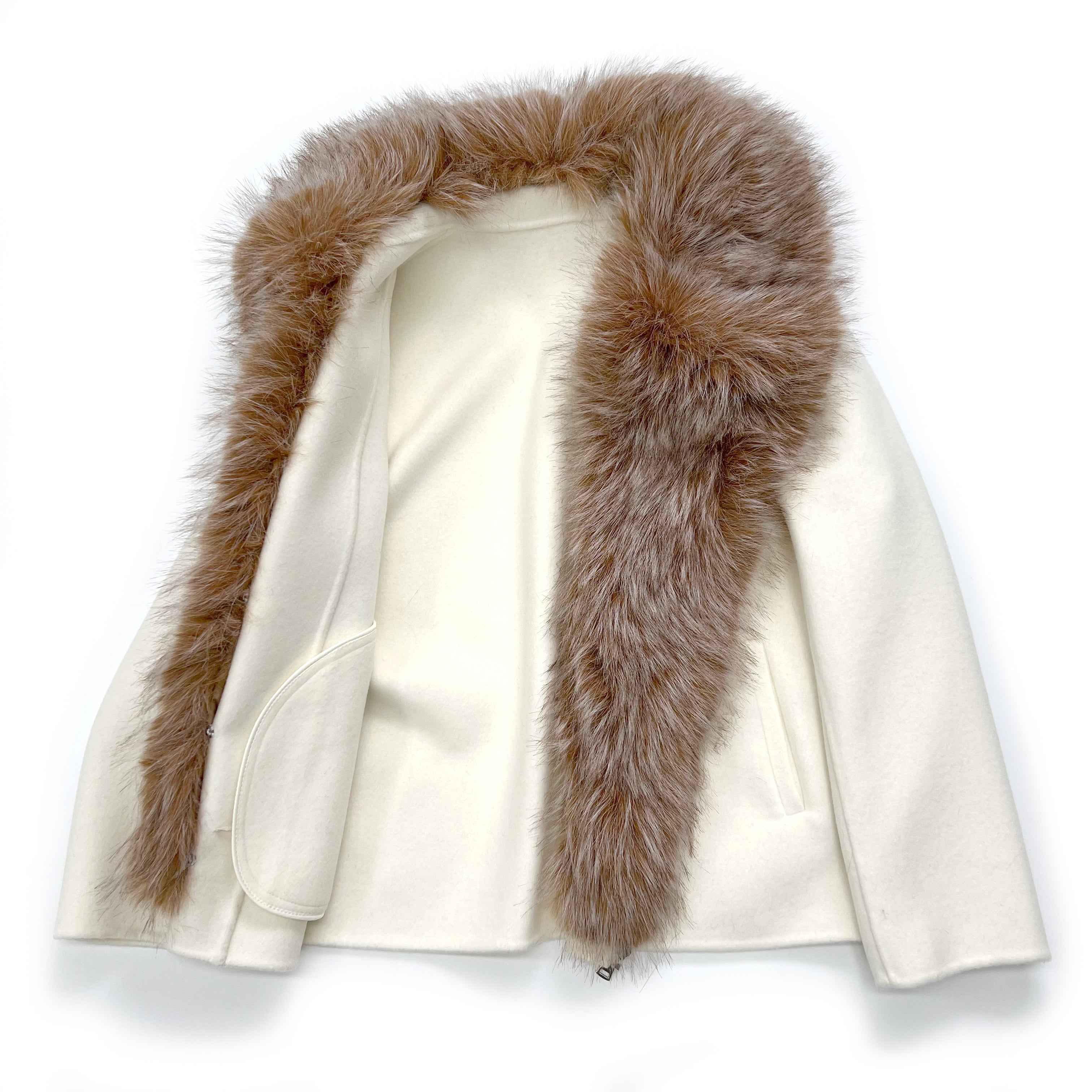 Autumn Winter White Cashmere Wool Double - faced Coat with Faux Fur Collar & Asymmetric Zipper