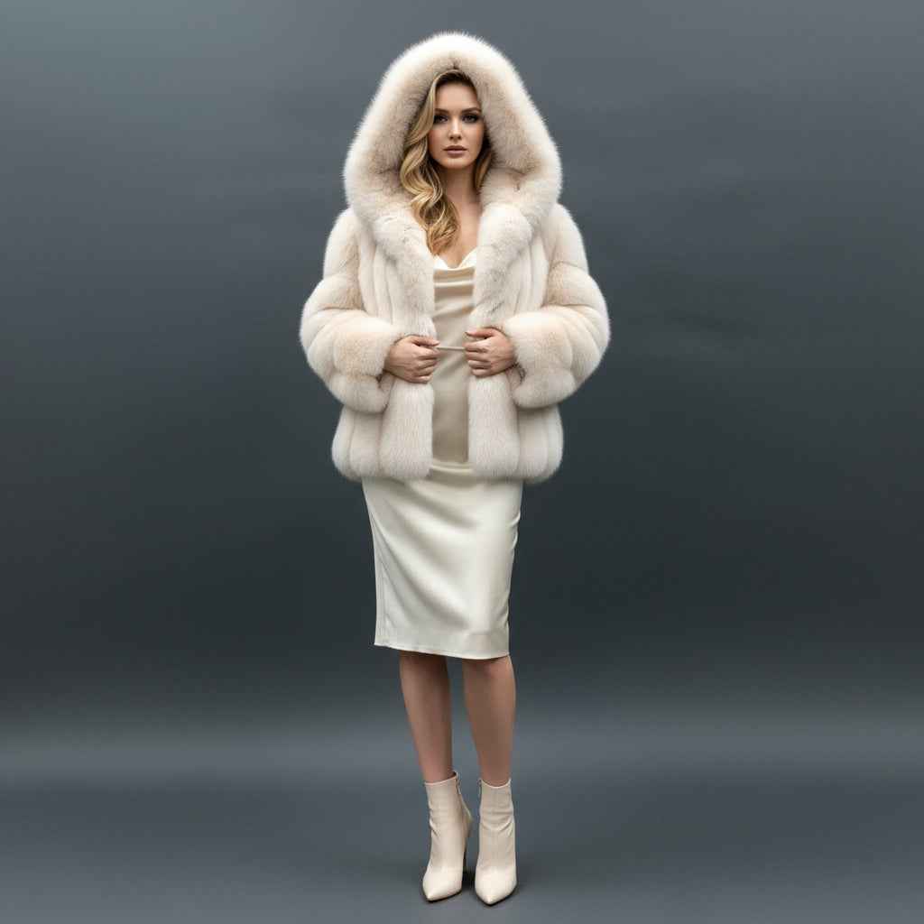 Luxury Fluffy Red Fox Fur Hooded Coat with Vertical Stripes - Short Winter Jacket