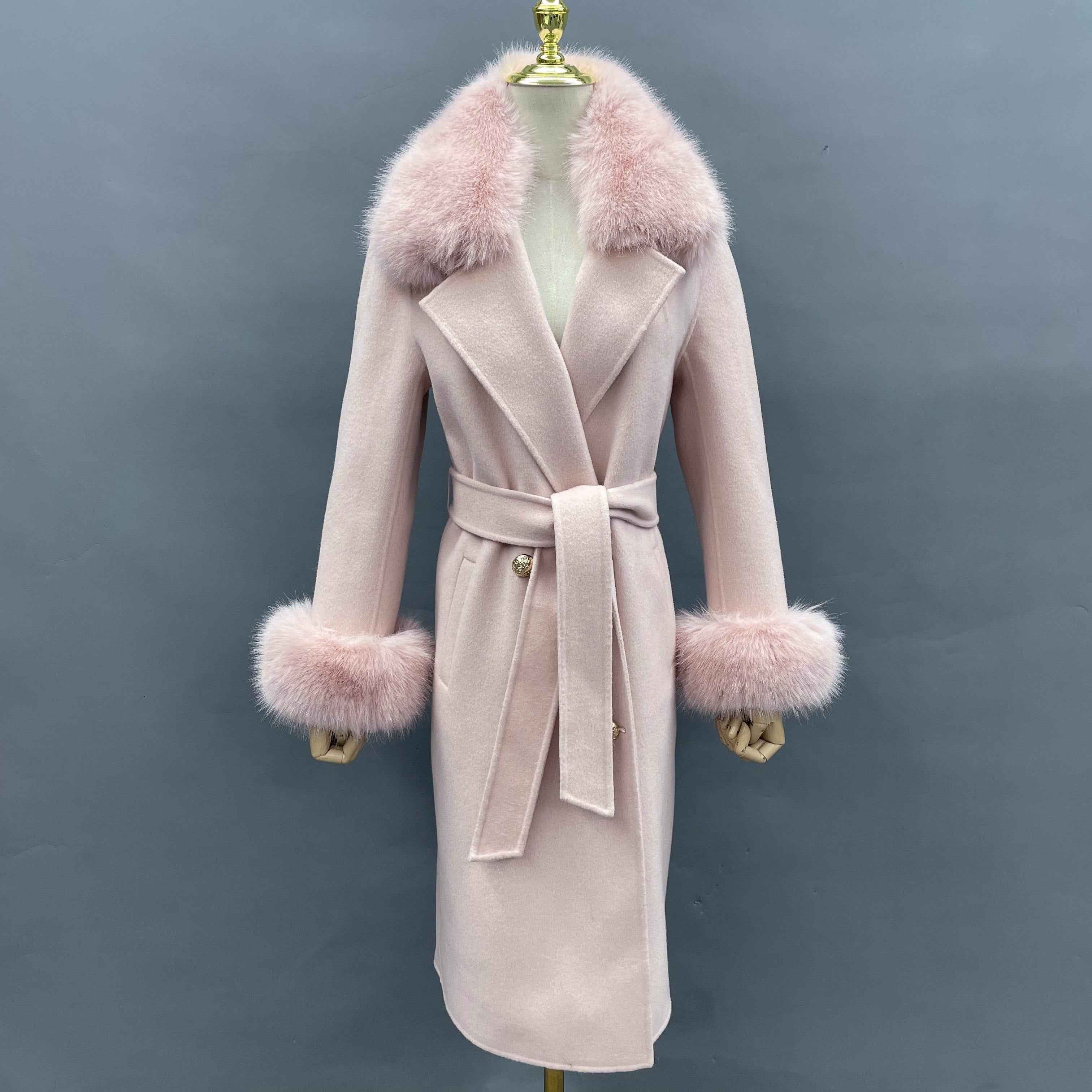 Elegant Double - Faced Wool Long Coat with Faux Fur Collar, Faux Fur Cuffs and Double - Breasted Design