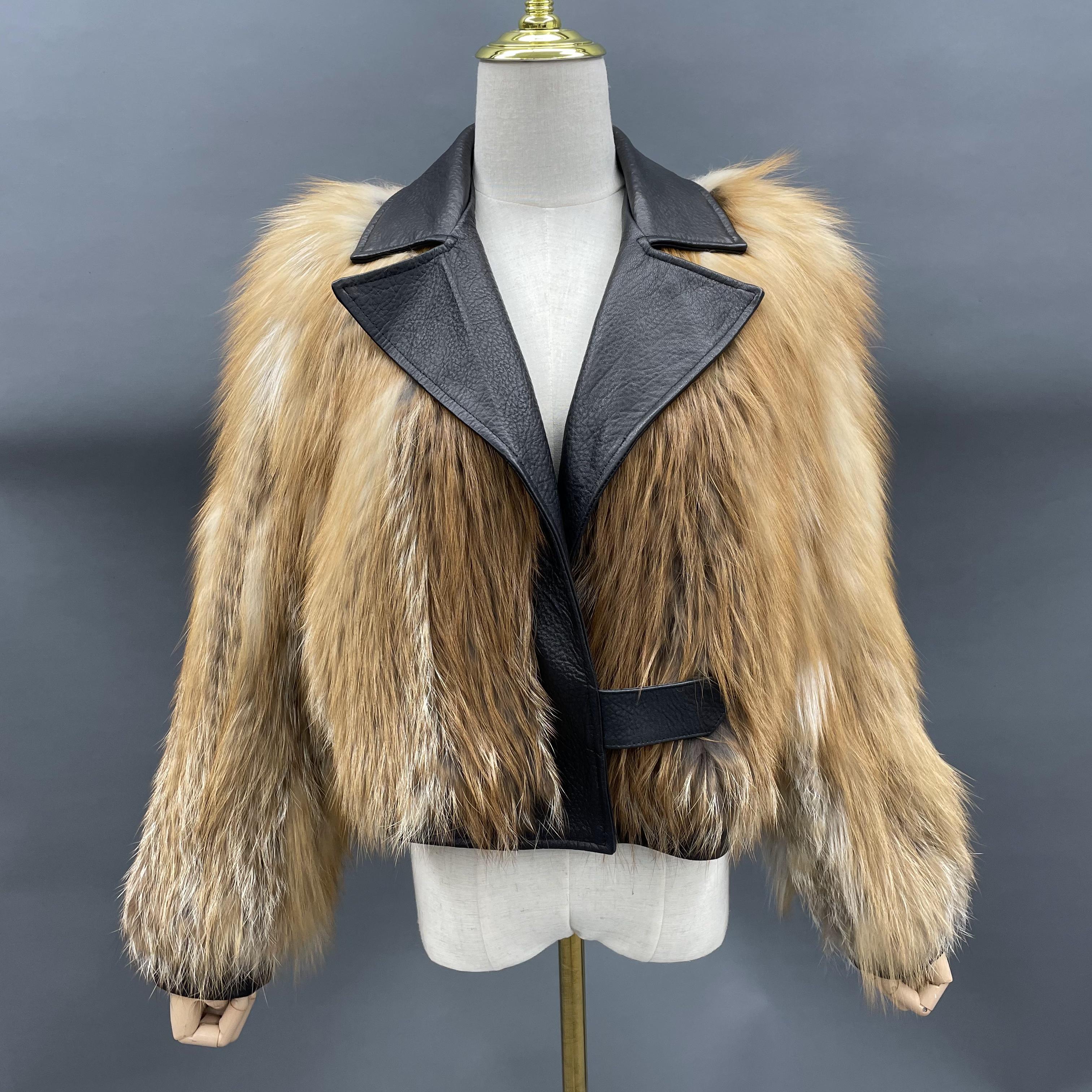 Women's Luxurious Raccoon Dog Fur Knitted Jacket with Leather Notched Lapel - Edgy Winter Outerwear