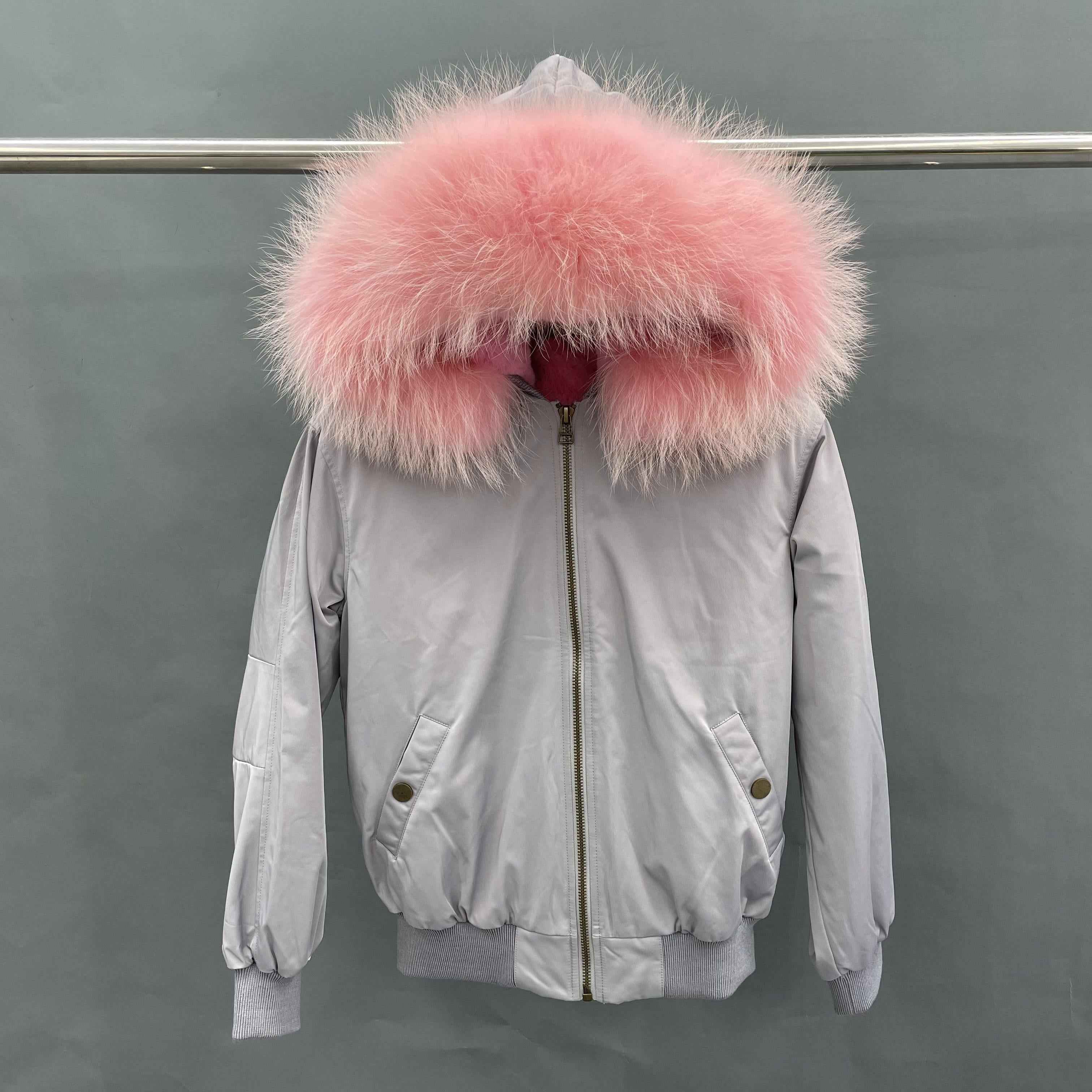 Women's Bomber Jacket with Raccoon Fur Collar – Winter Flight Jacket, Faux Fur Trim Aviator Coat for Cold Weather 6#Grey