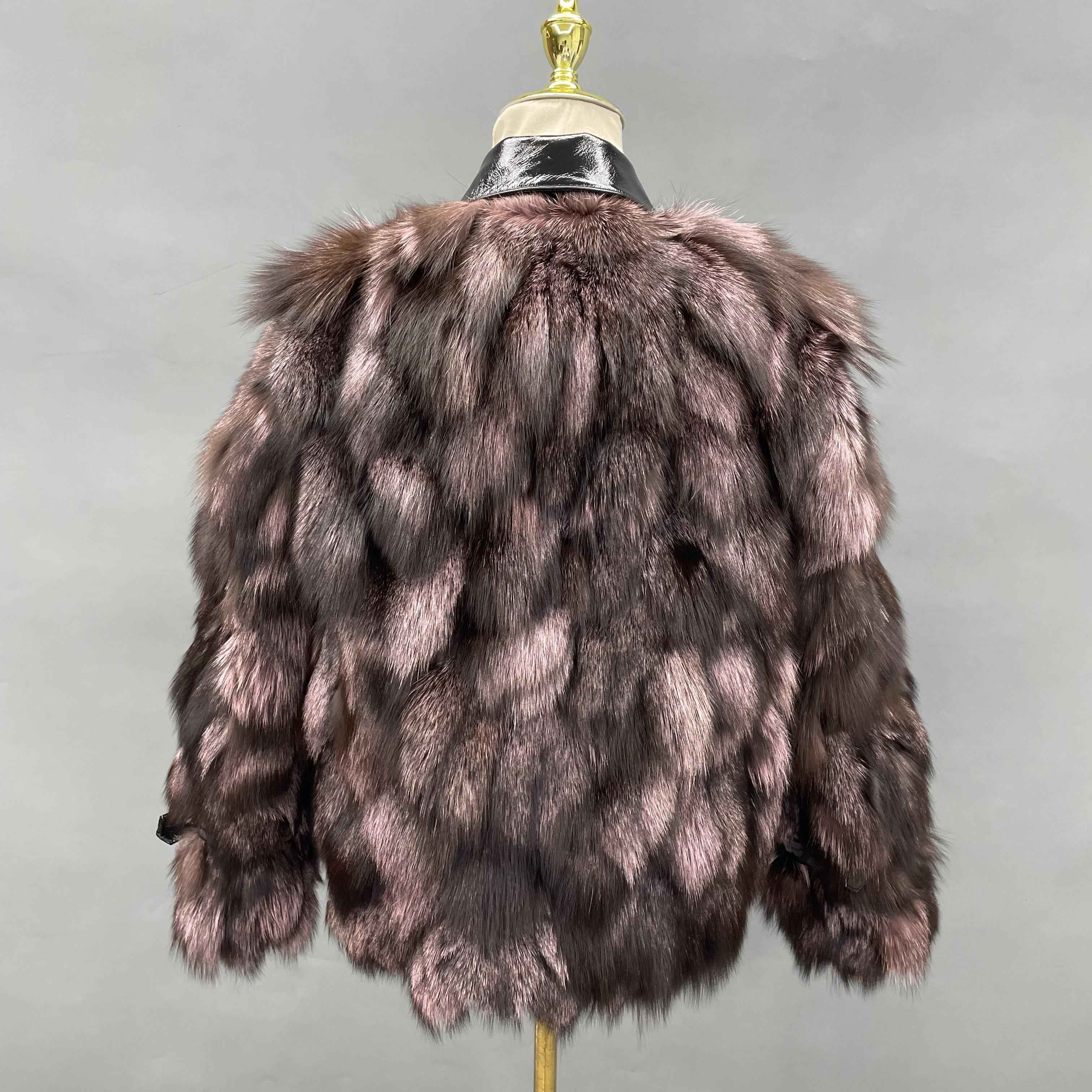 Women's Silver Fox Fur Jacket with Shiny Patent Leather Front – Luxury Faux Leather & Fur Coat, Stylish Winter Outerwear for Fashion Statement