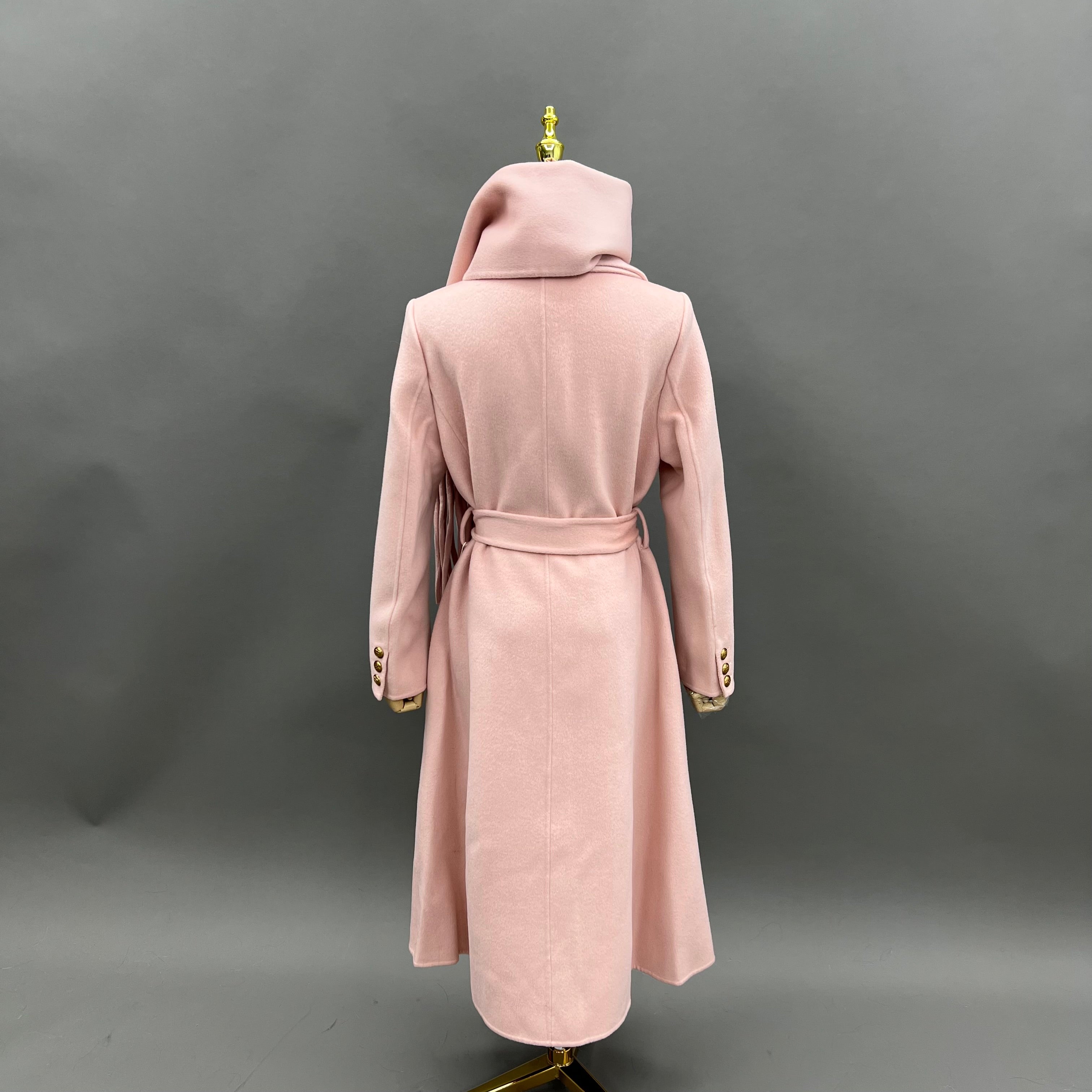 Women’s Pink Double-Faced Wool Coat with Fringed Scarf Collar – Double-Breasted Long Winter Jacket for Elegant Fashion