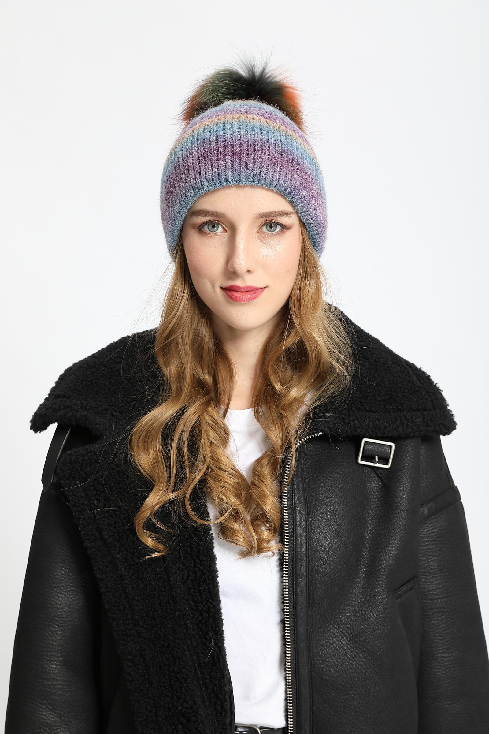 Gradient Wool Hat with Fur Pom Pom Women Hat - Janefur