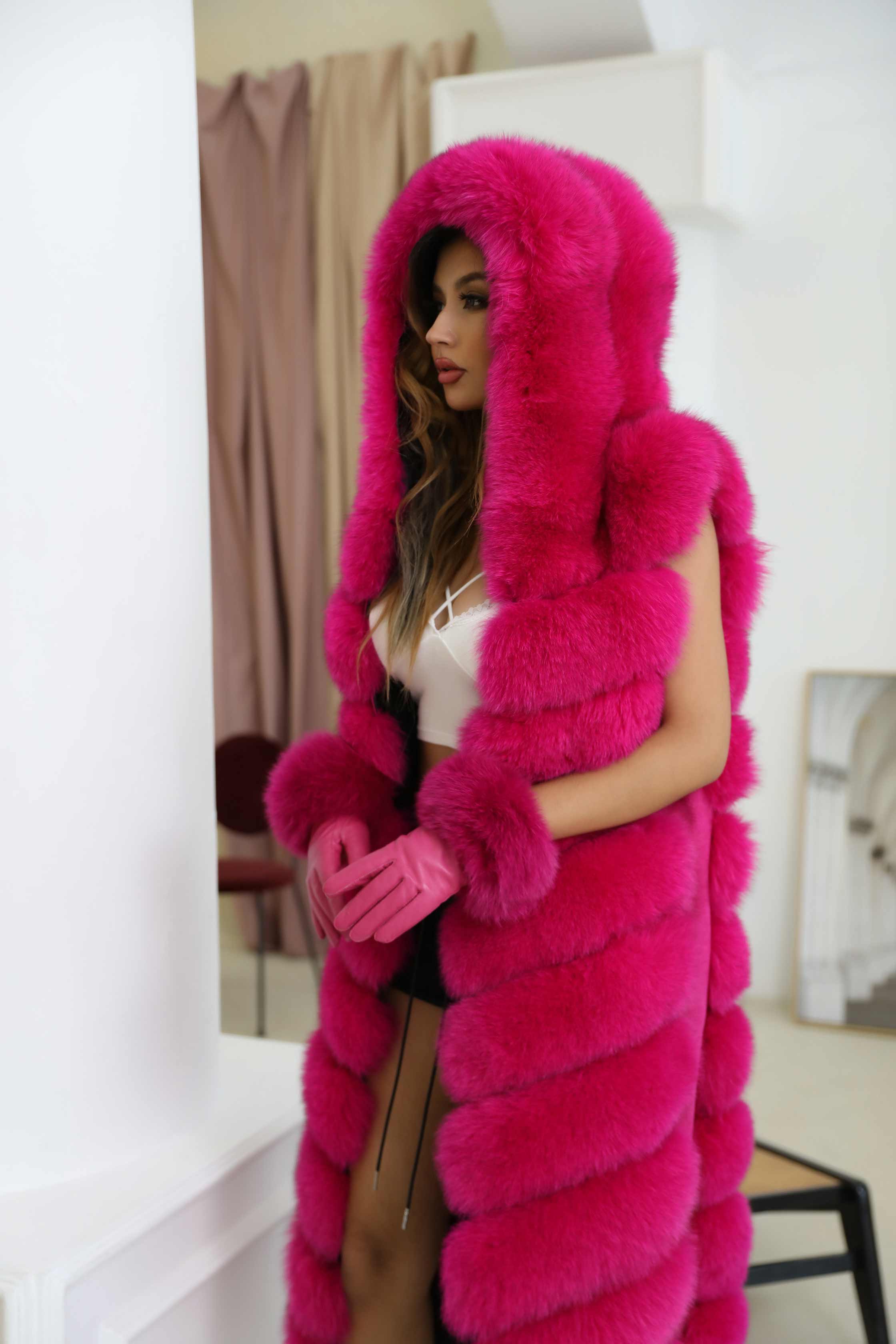 Winter Long Hooded Fox Fur Womens Luxury Vest - Janefur