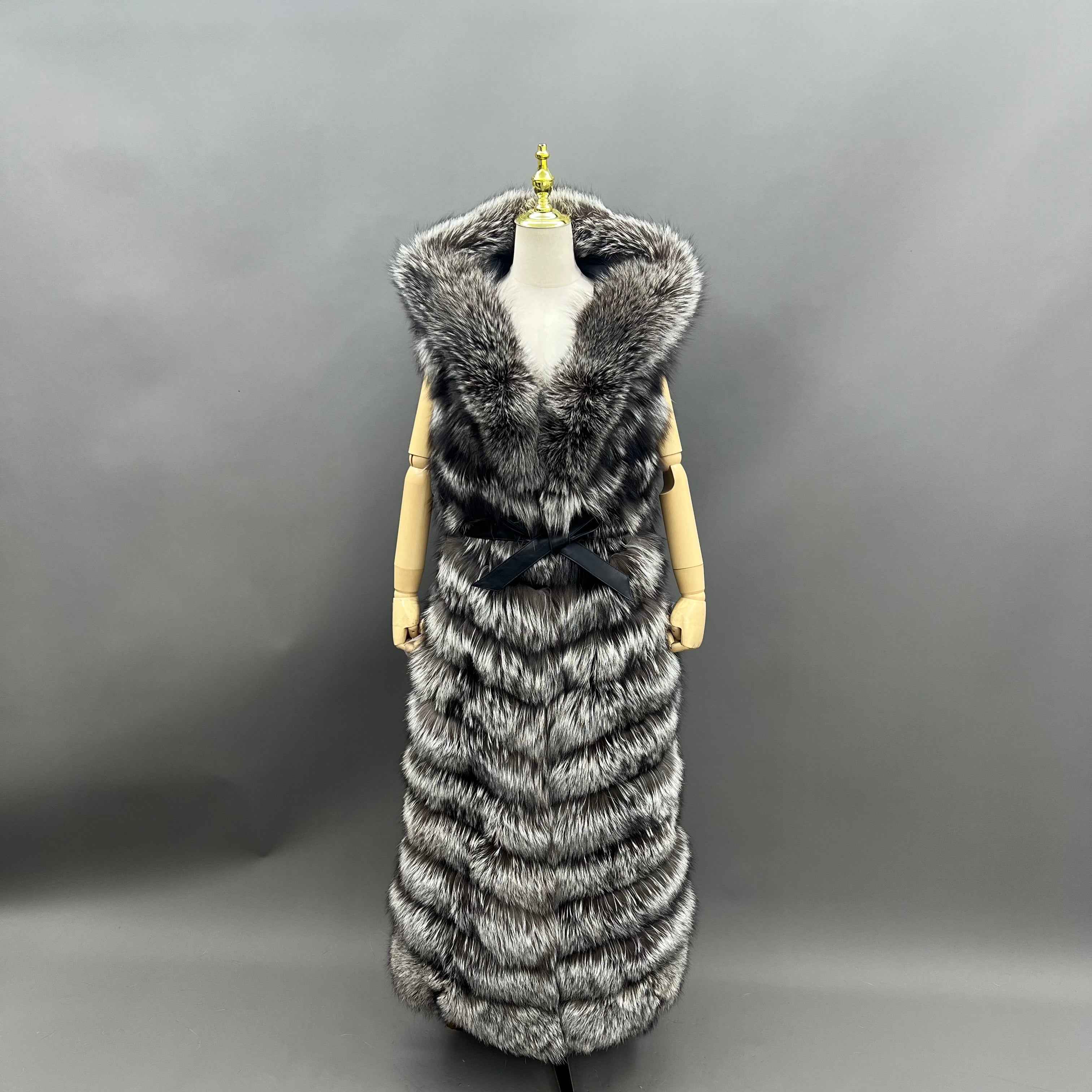 Long Silver Fox Fur Vest with Hood and Belt – Long Women's Real Fur Gilet Coat Black Sliver