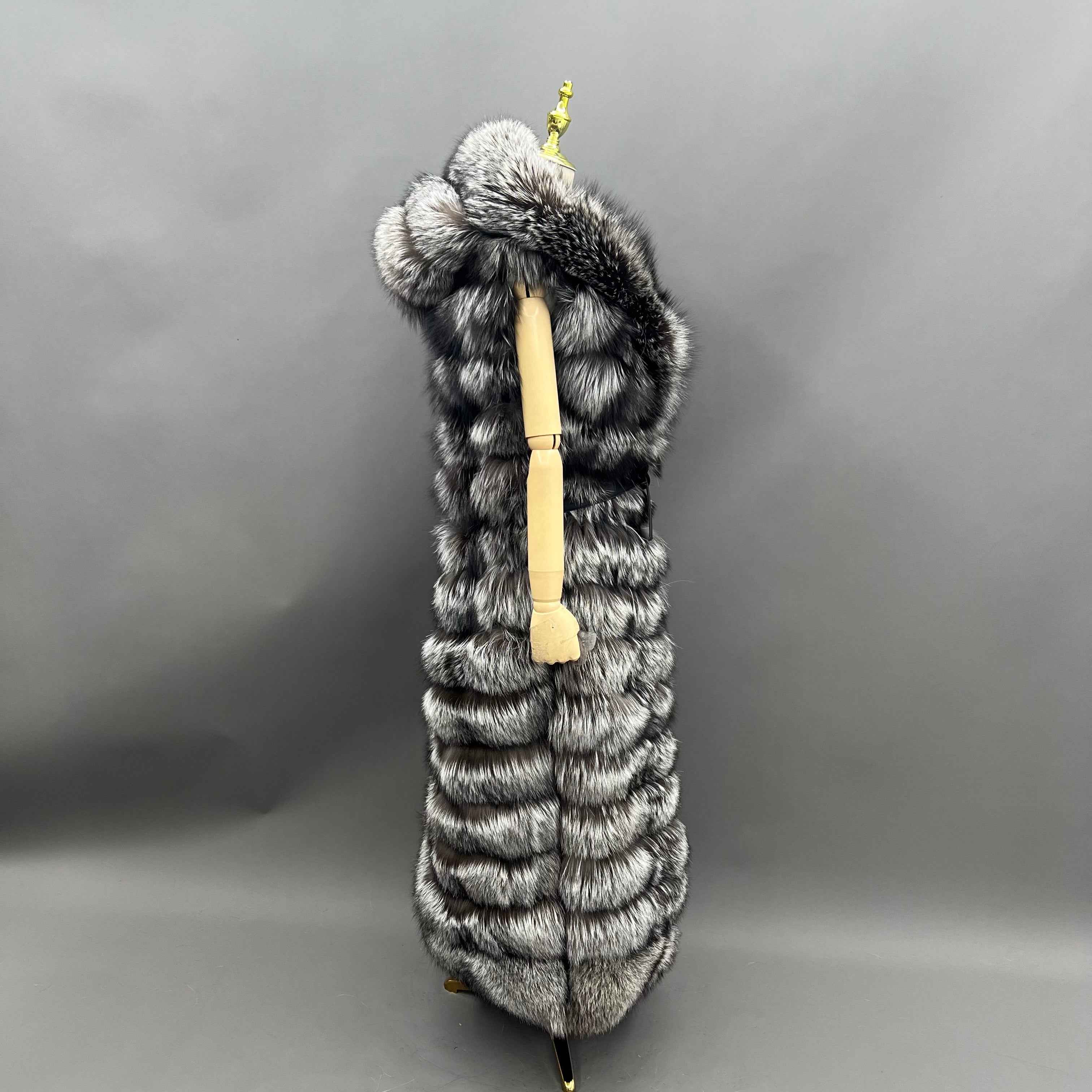 Long Silver Fox Fur Vest with Hood and Belt – Long Women's Real Fur Gilet Coat