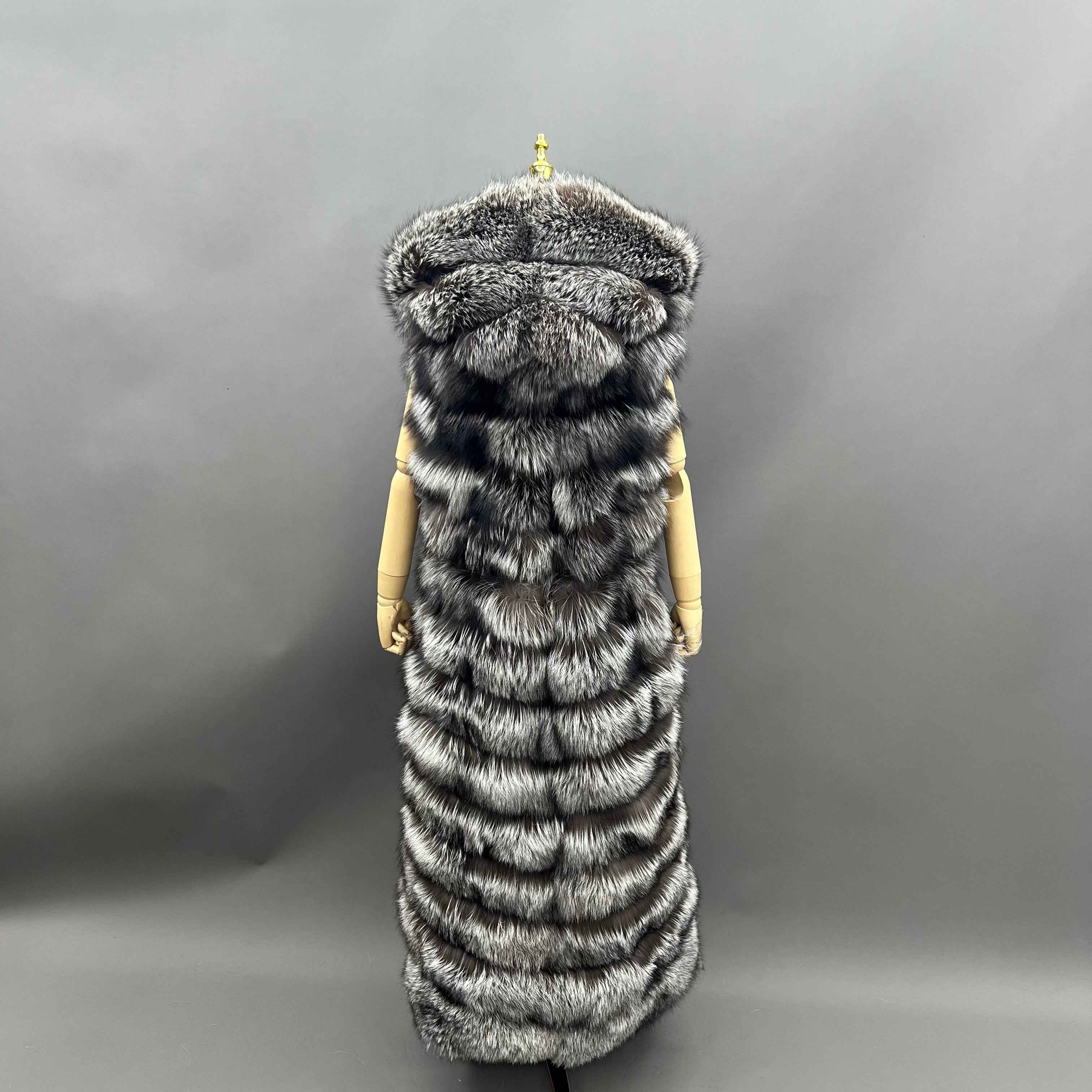 Long Silver Fox Fur Vest with Hood and Belt – Long Women's Real Fur Gilet Coat