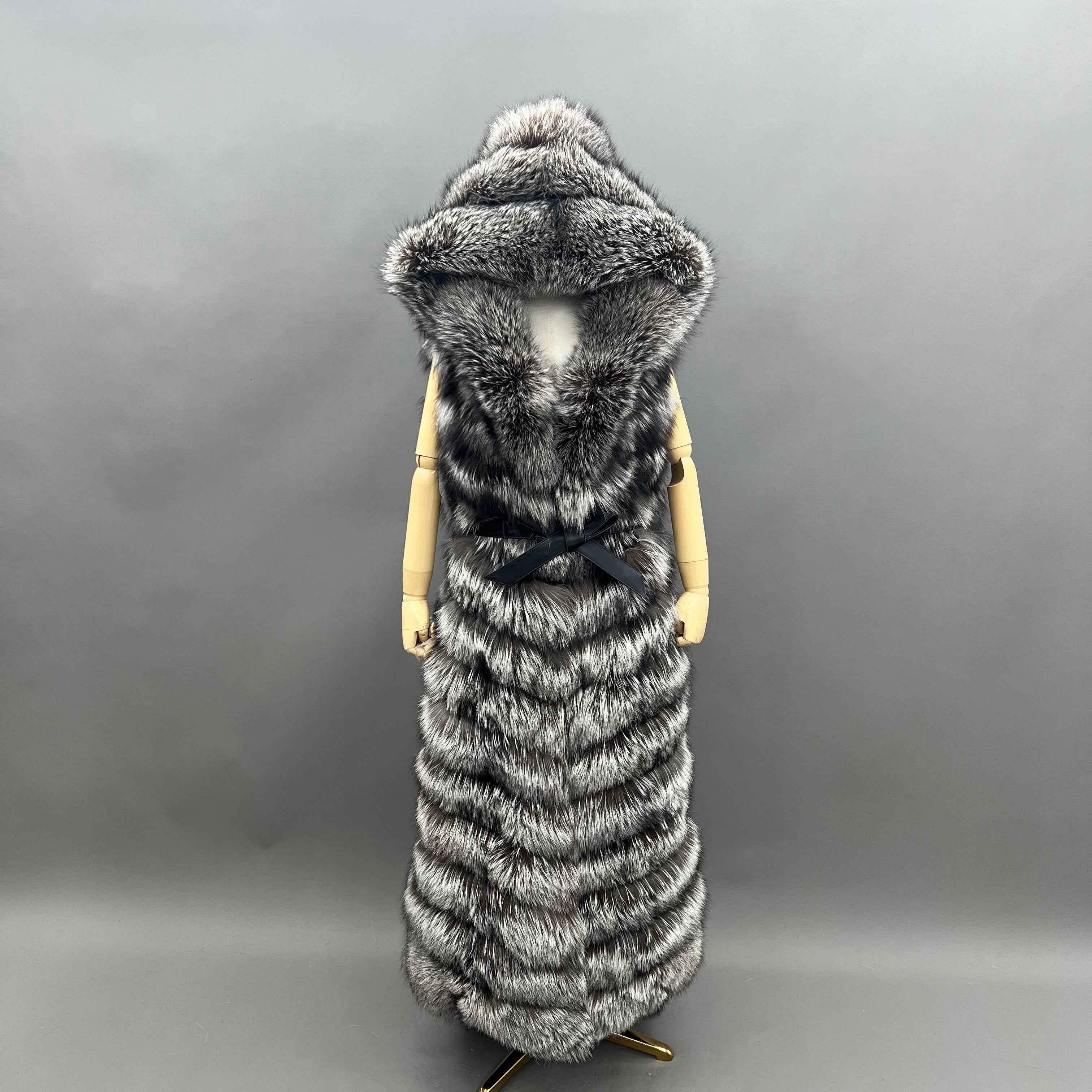 Long Silver Fox Fur Vest with Hood and Belt – Long Women's Real Fur Gilet Coat