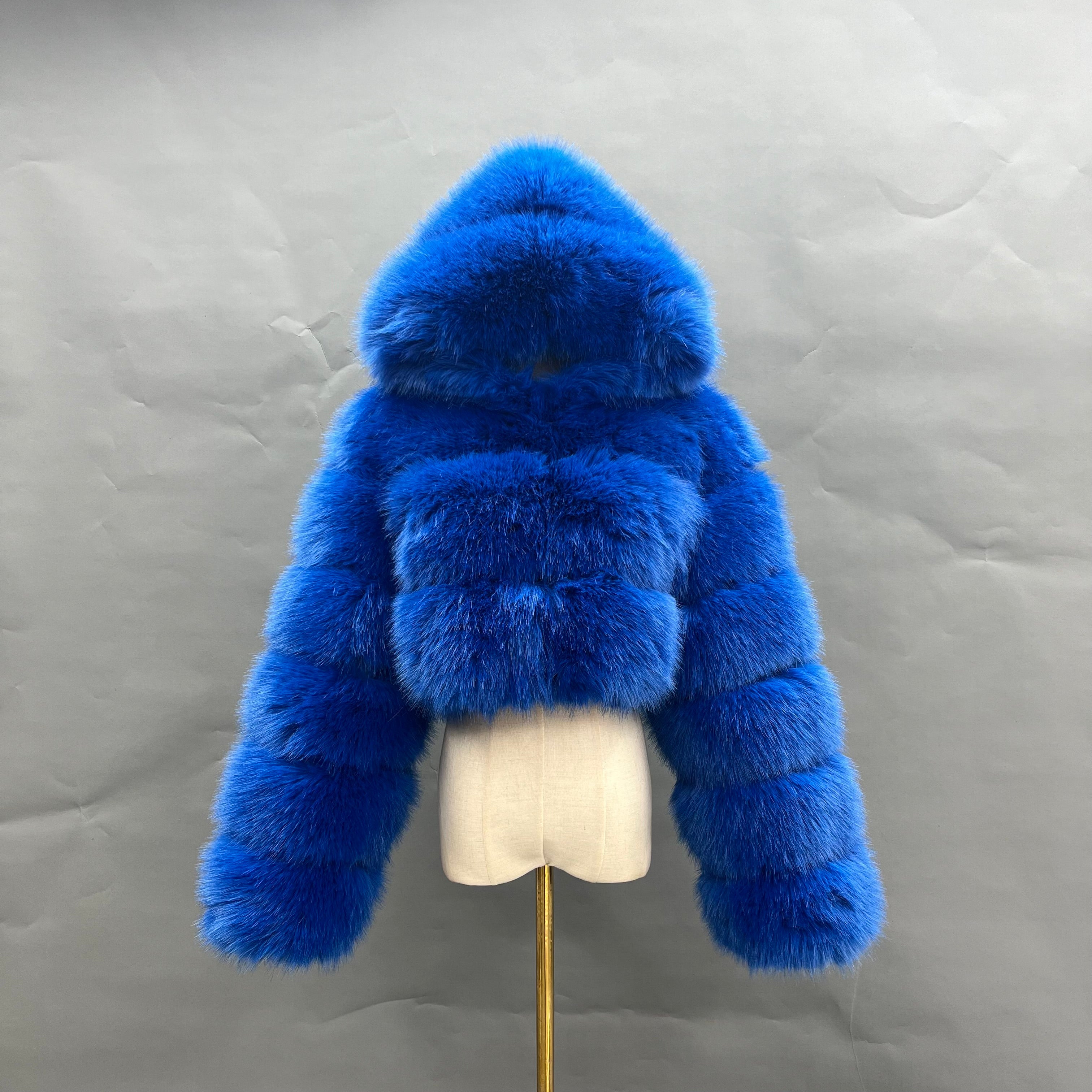 Three - Panel Faux Fur Cropped Hooded Coat