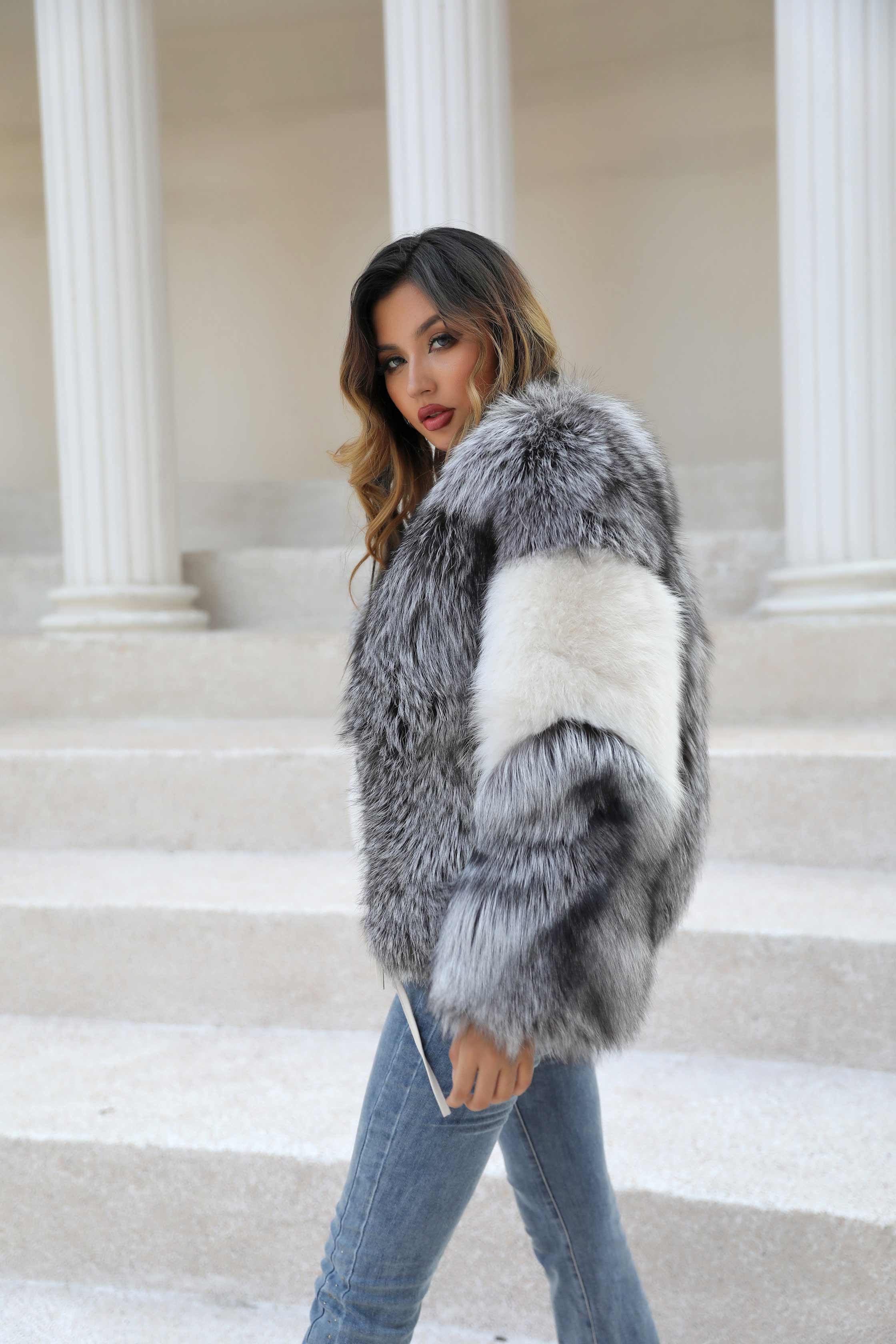 Women's Winter Warm Real Fox Fur Luxury Color Matching Short Coat - Janefur