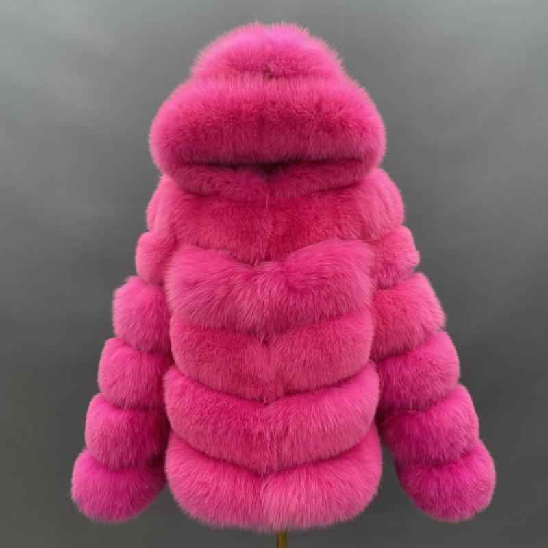Women's Short Winter Trend Real Fox Fur Coat Solid Color Hooded - Janefur