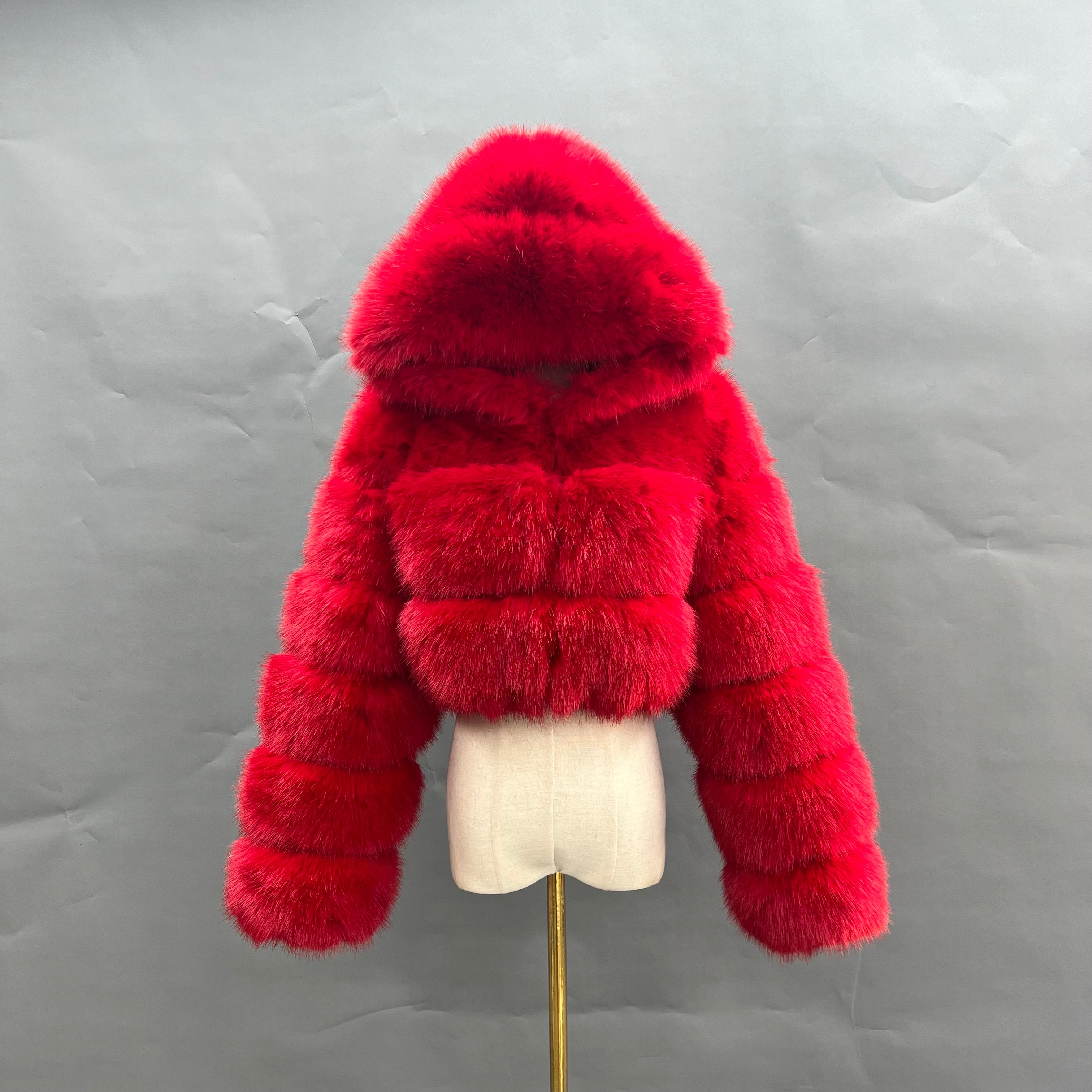 Three - Panel Faux Fur Cropped Hooded Coat