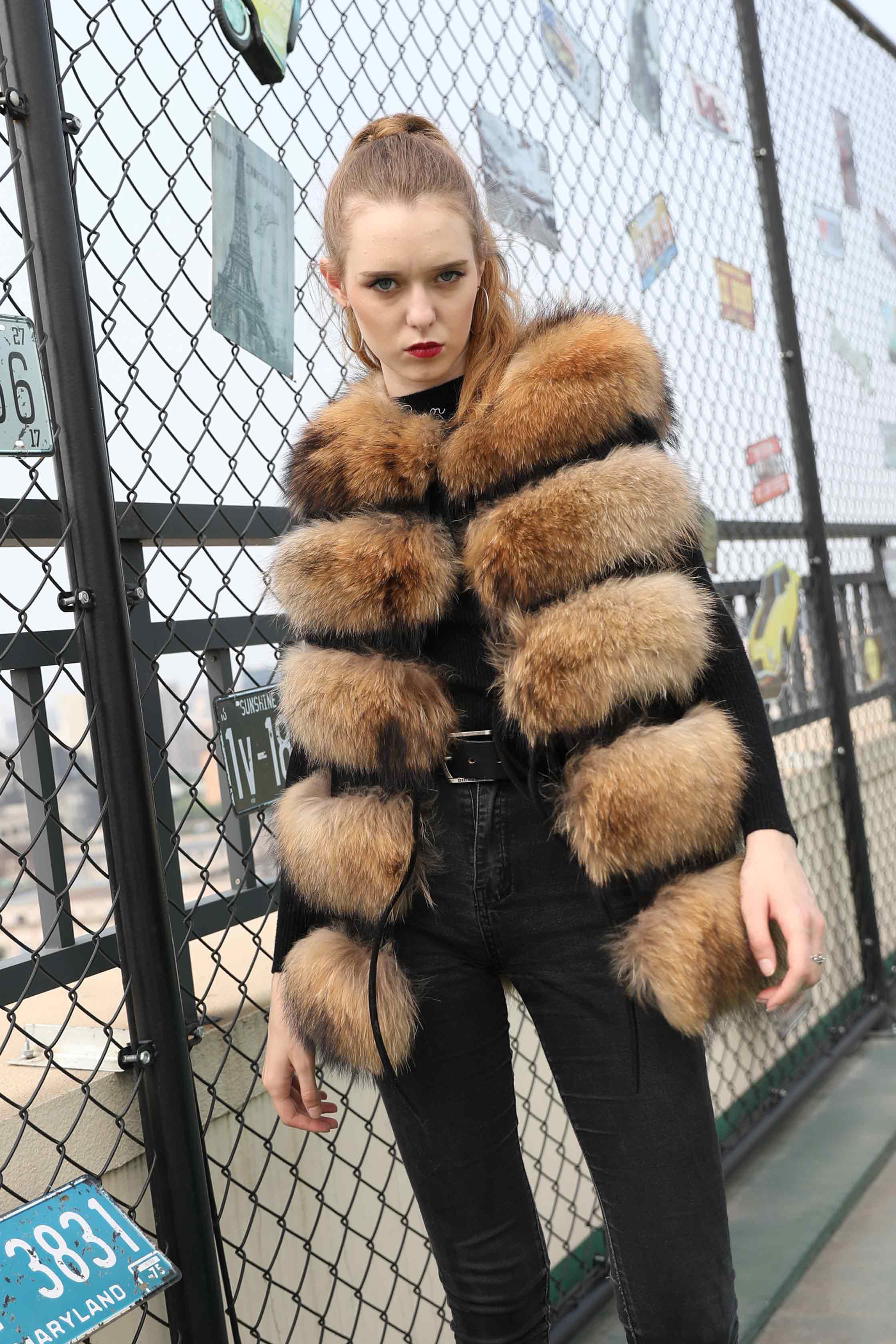 Women's Winter Long Real Raccoon Fur Coat Sleeveless Vest - Janefur
