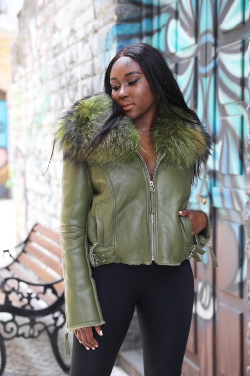 Large Raccoon Fur Collar Leather and Fur Combination - Janefur