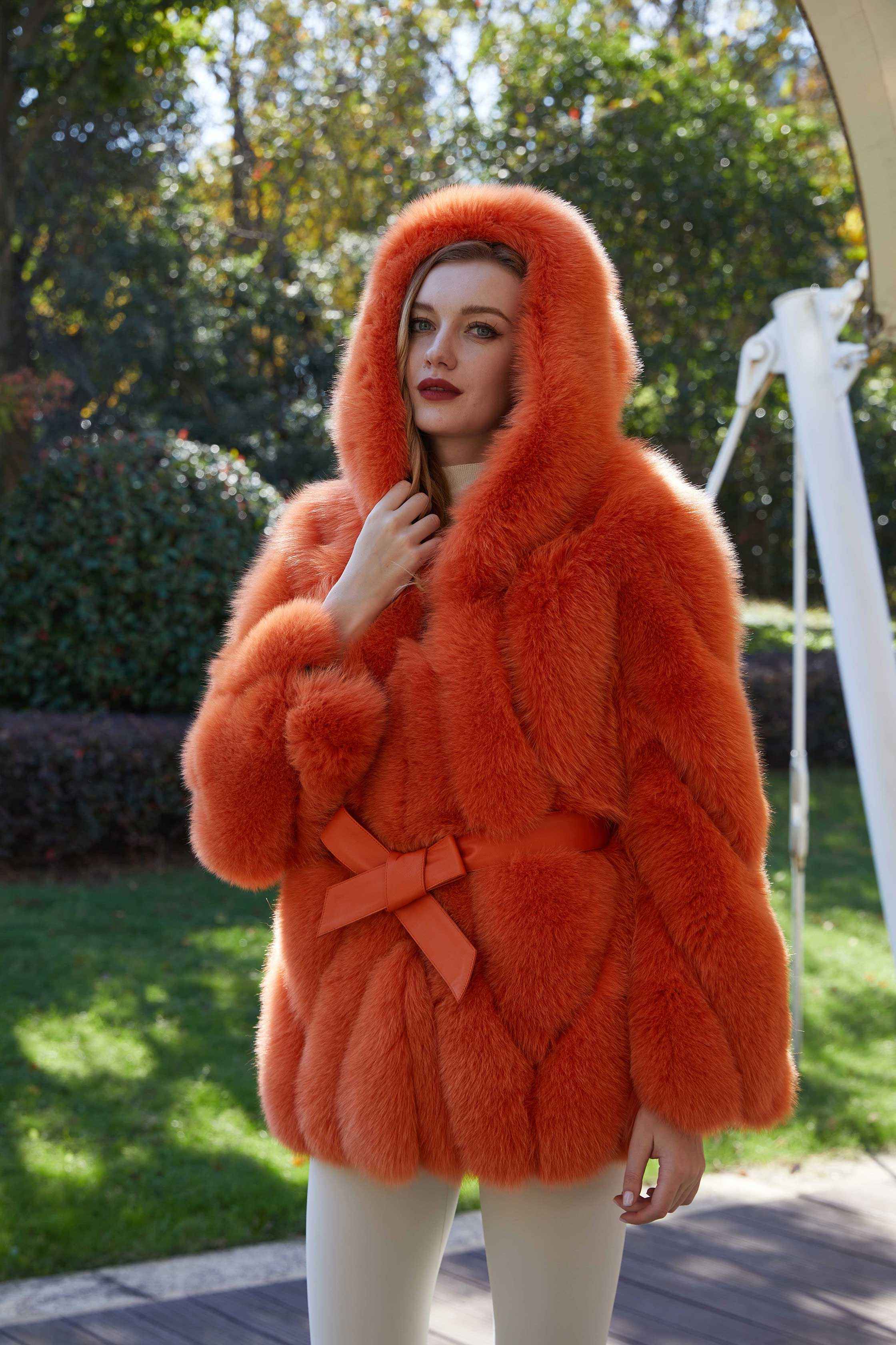 Factory Wholesale Solid Color Womens Fox Fur Thick Coat with Hood - Janefur