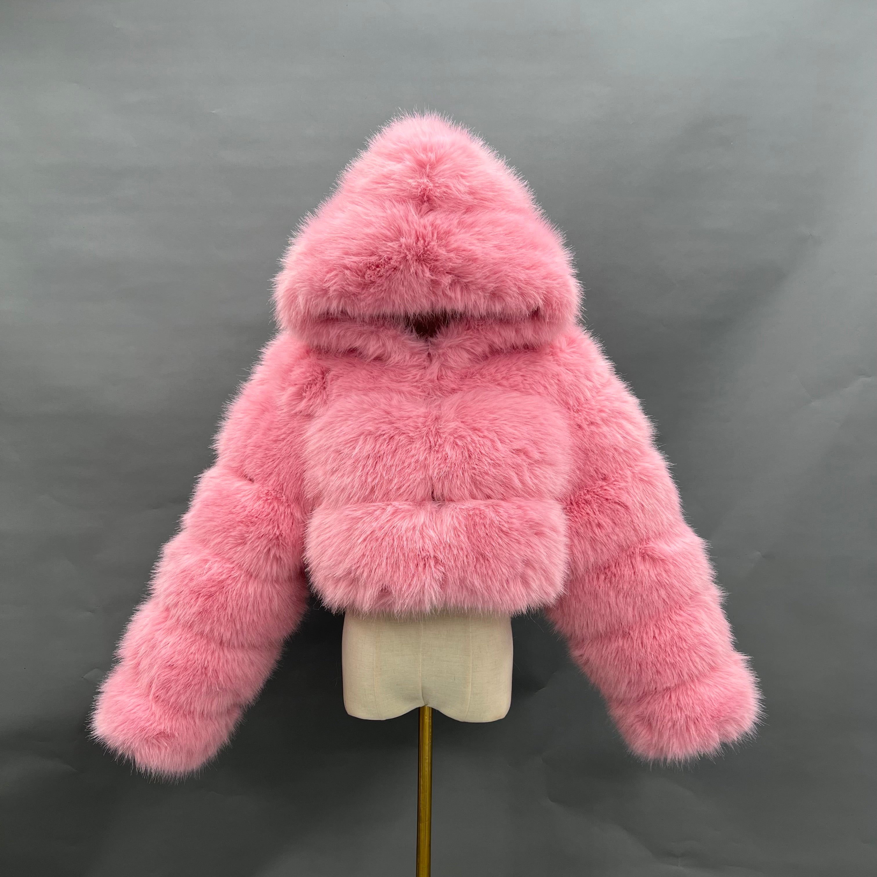 Three - Panel Faux Fur Cropped Hooded Coat