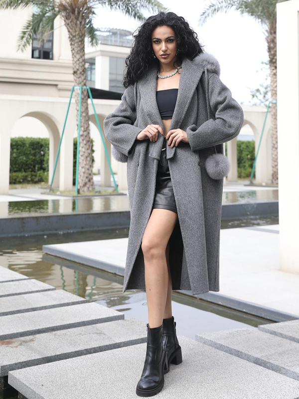 Double-Faced Wool Coat for Women Fashionable Removable Hat Long Double-Faced Wool Outer Coat - Janefur