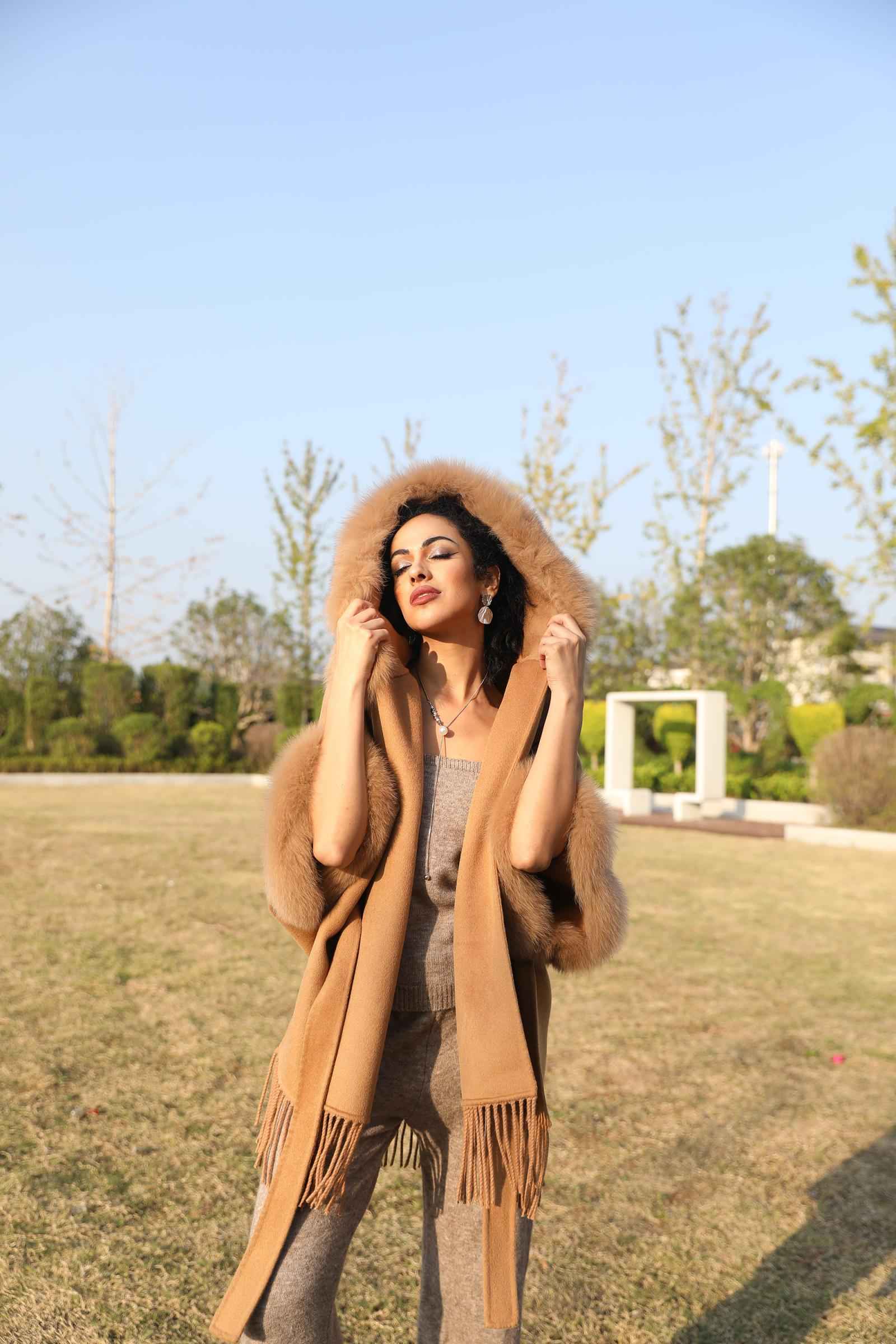 Double-Faced Cashmere Cape Coat for Women with Hood and Fringe Double-Faced Wool Outer Jacket - Janefur