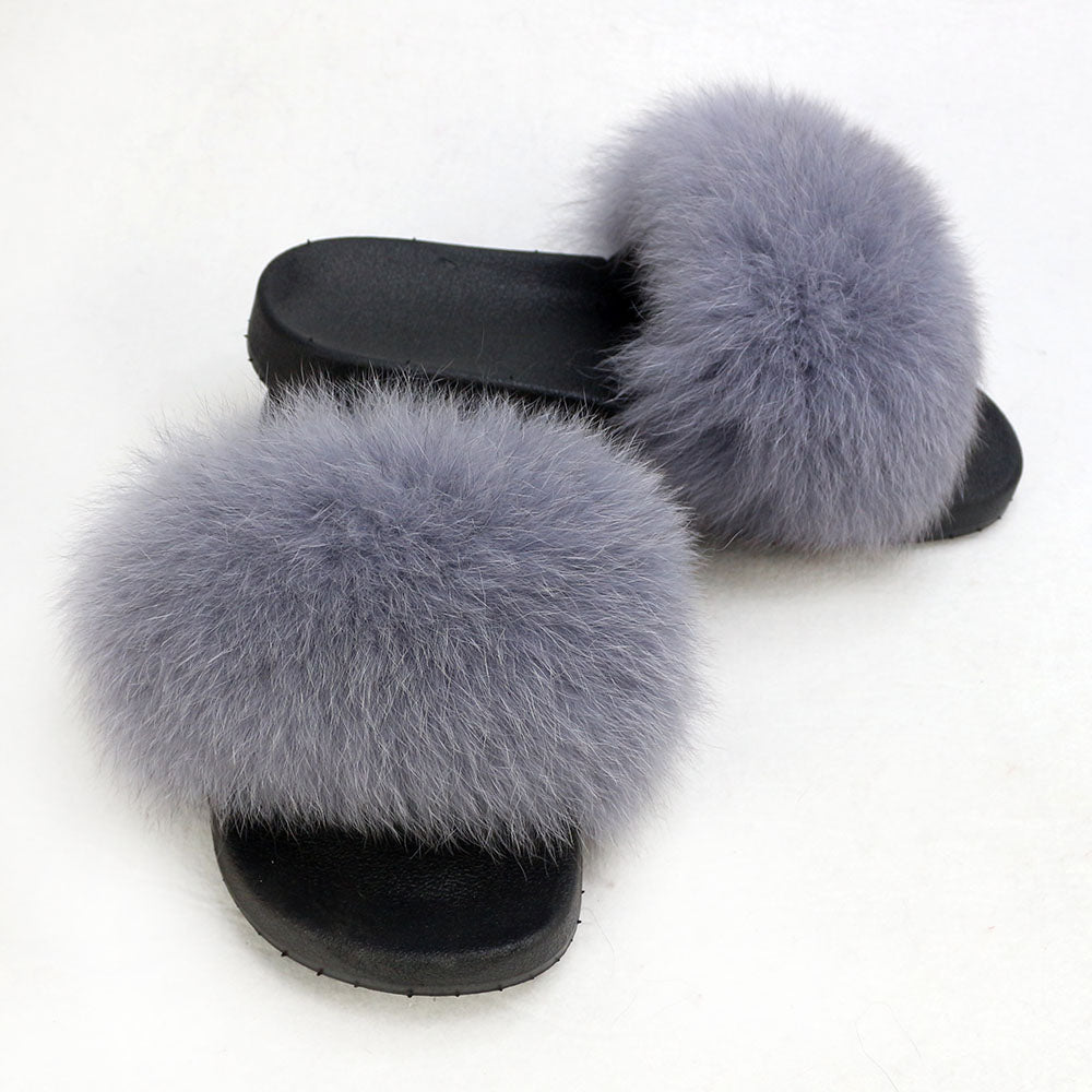 Janefur Wholesale Women's Fashion Slippers With Real Fox Fur Trim (Black, Gold, Silver Soles)