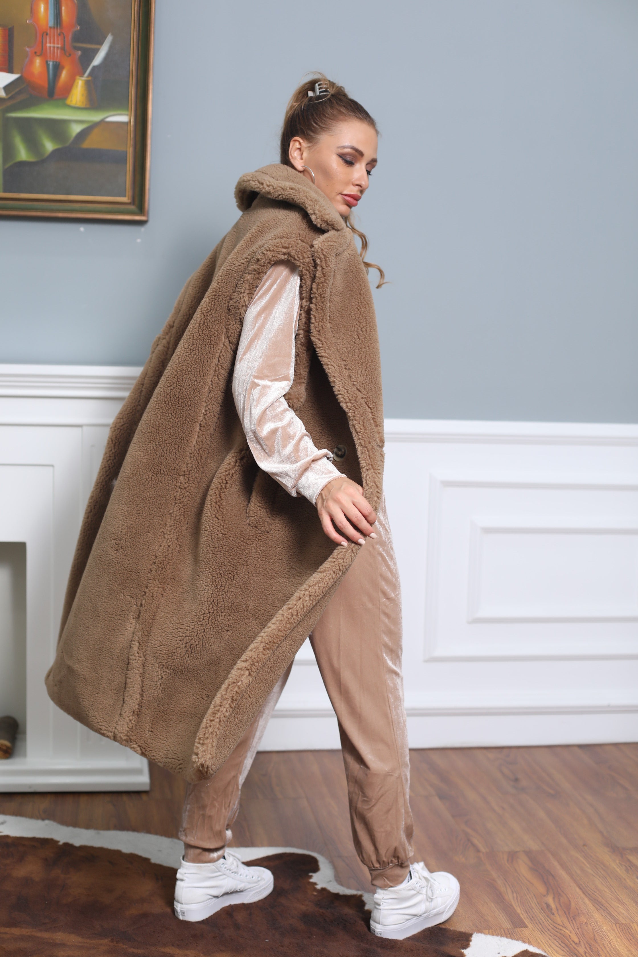 Women's Tan Long Teddy Fleece Vest with Double-Breasted Notched Lapel - Stylish Winter Outerwear