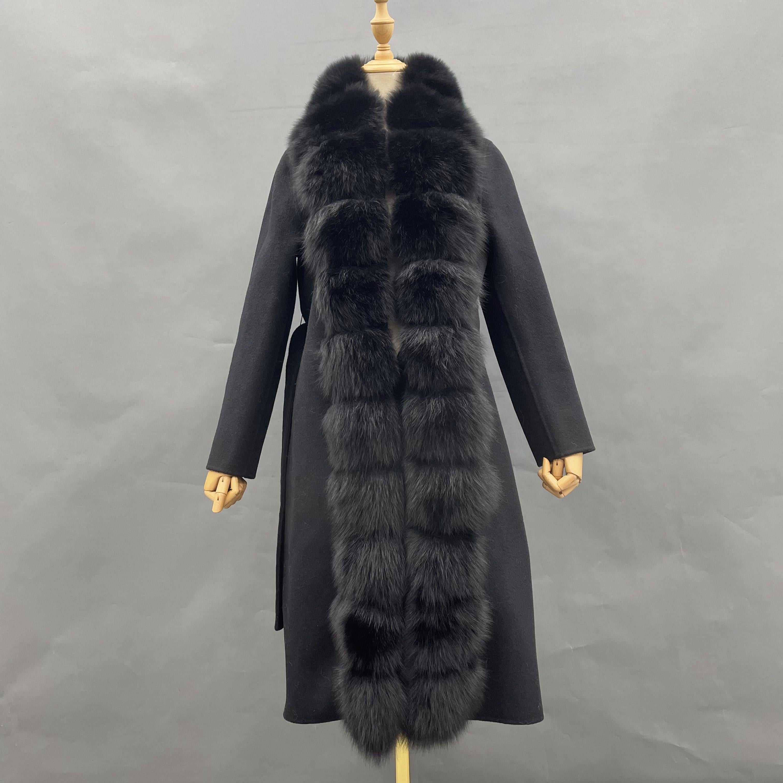 Luxury Cashmere Coat with Tiered Fox Fur Trim and Cuffed Sleeves 3#Jet Black