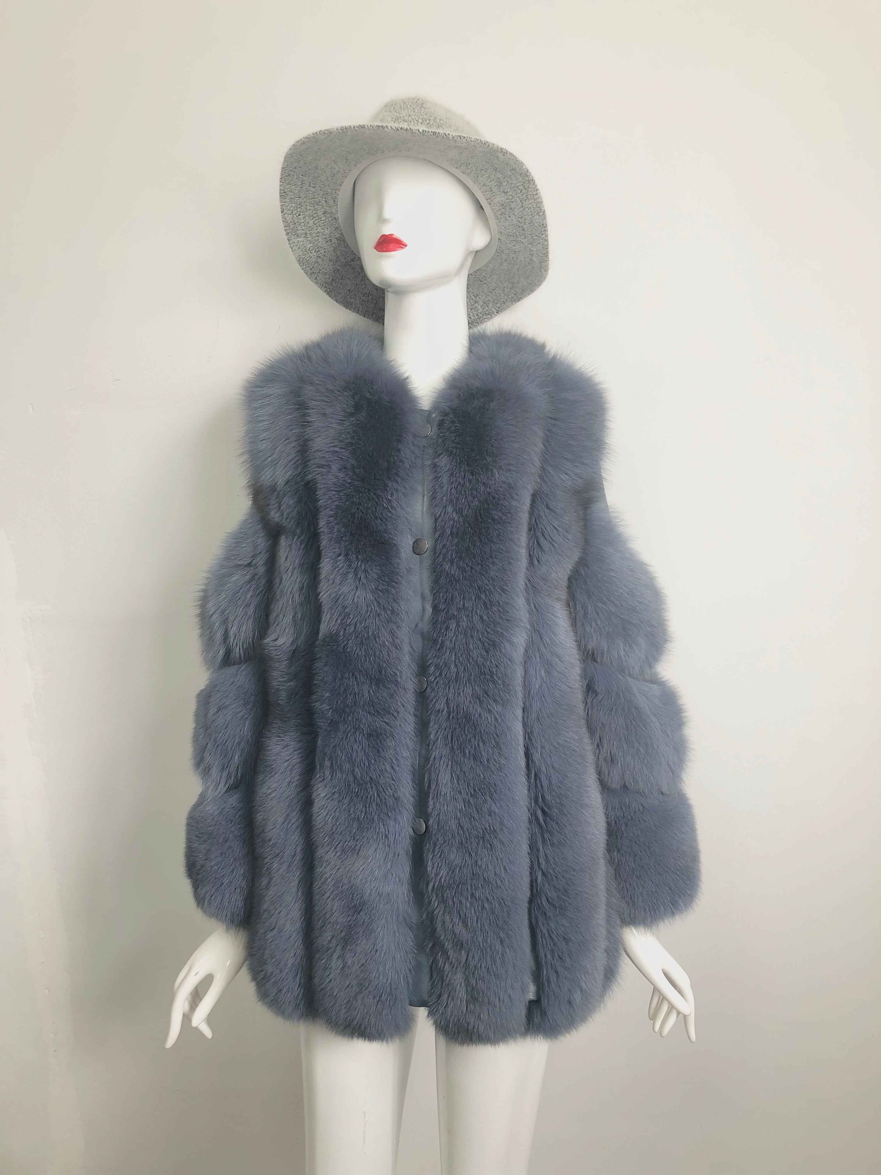 Luxury Fox Fur Overcoat with Leather Strip Accents - Women's Cold Weather Outerwear Blue
