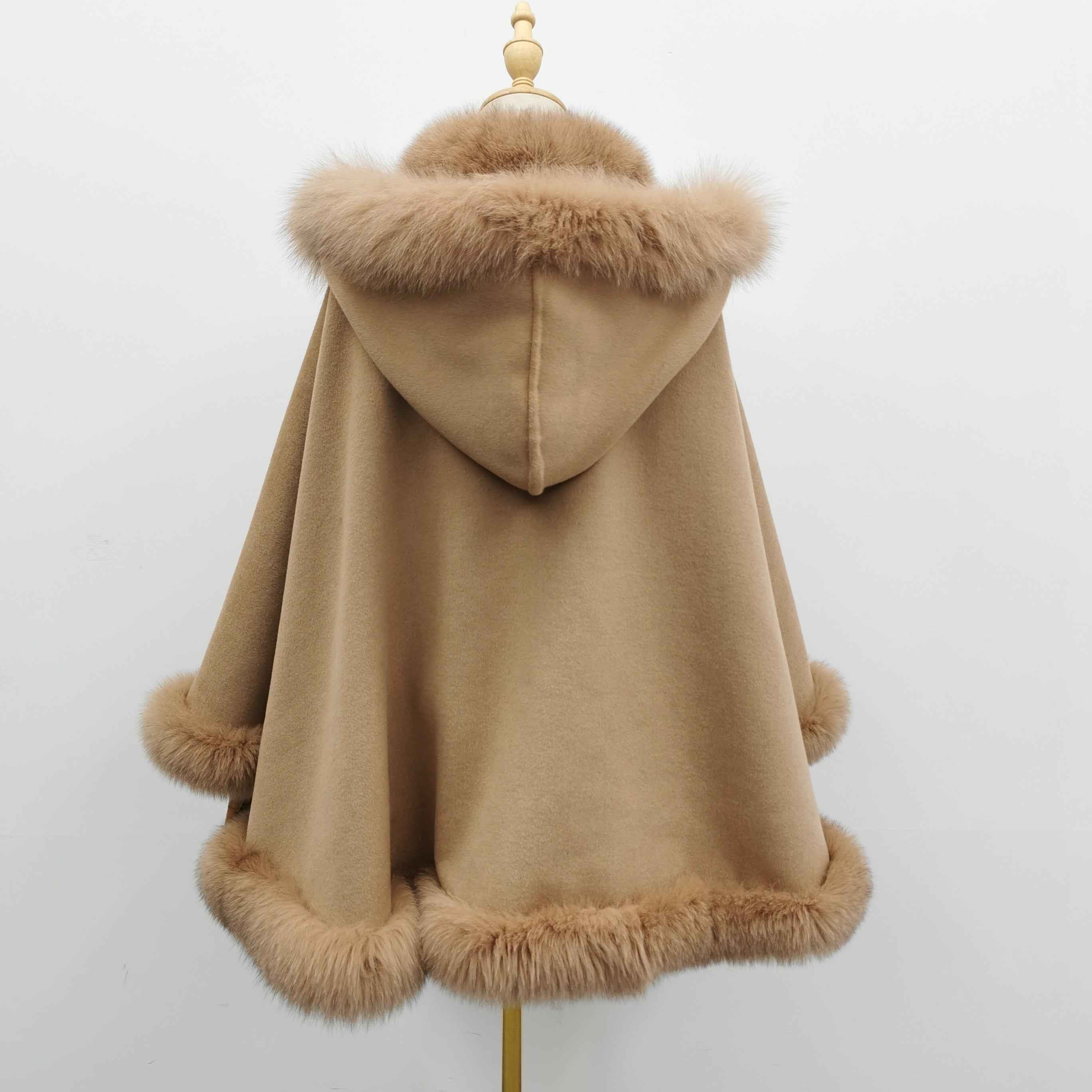 Women's Luxurious Fox Fur Cape with Removable Hood - High-End Winter Outerwear