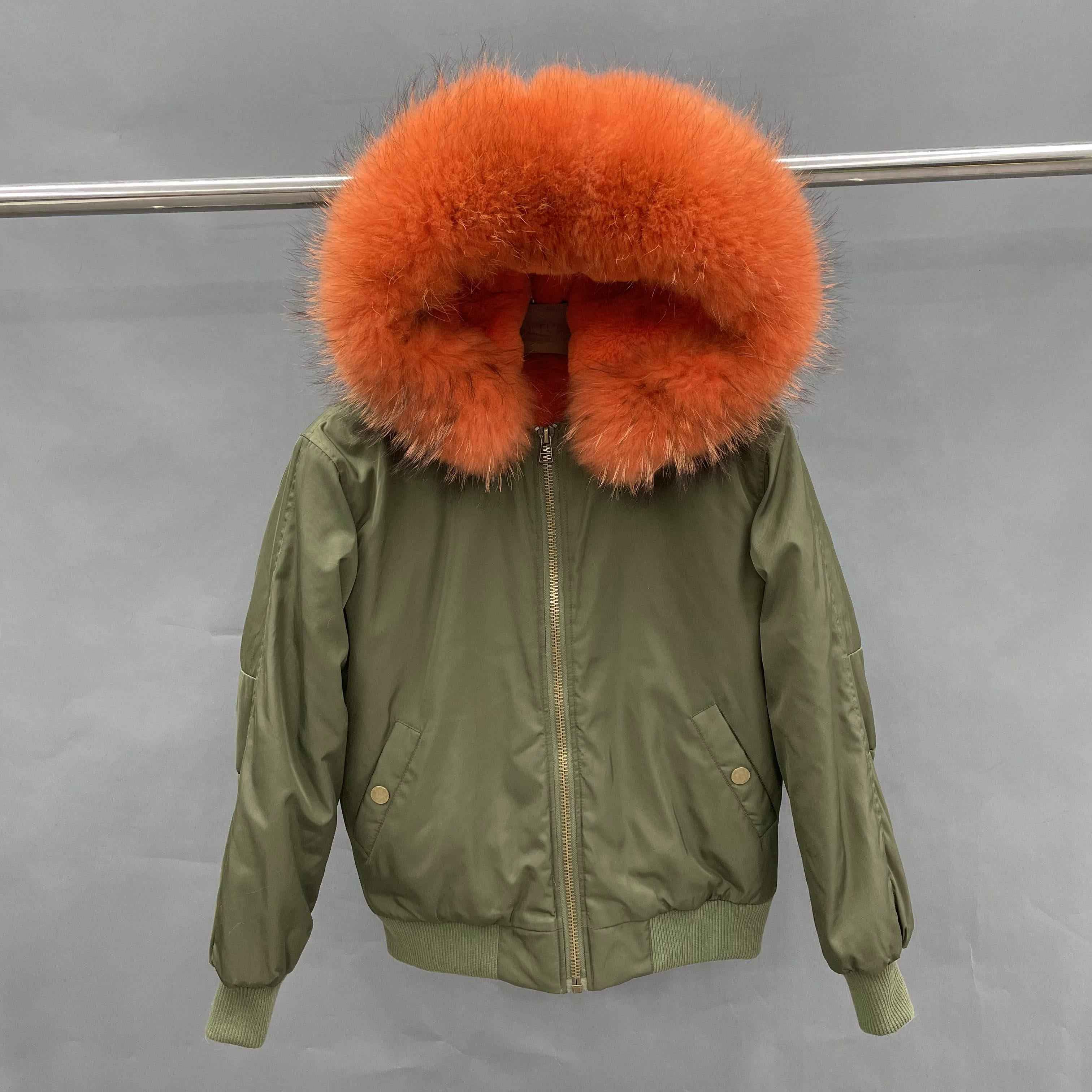 Women's Bomber Jacket with Raccoon Fur Collar – Winter Flight Jacket, Faux Fur Trim Aviator Coat for Cold Weather 7#Green