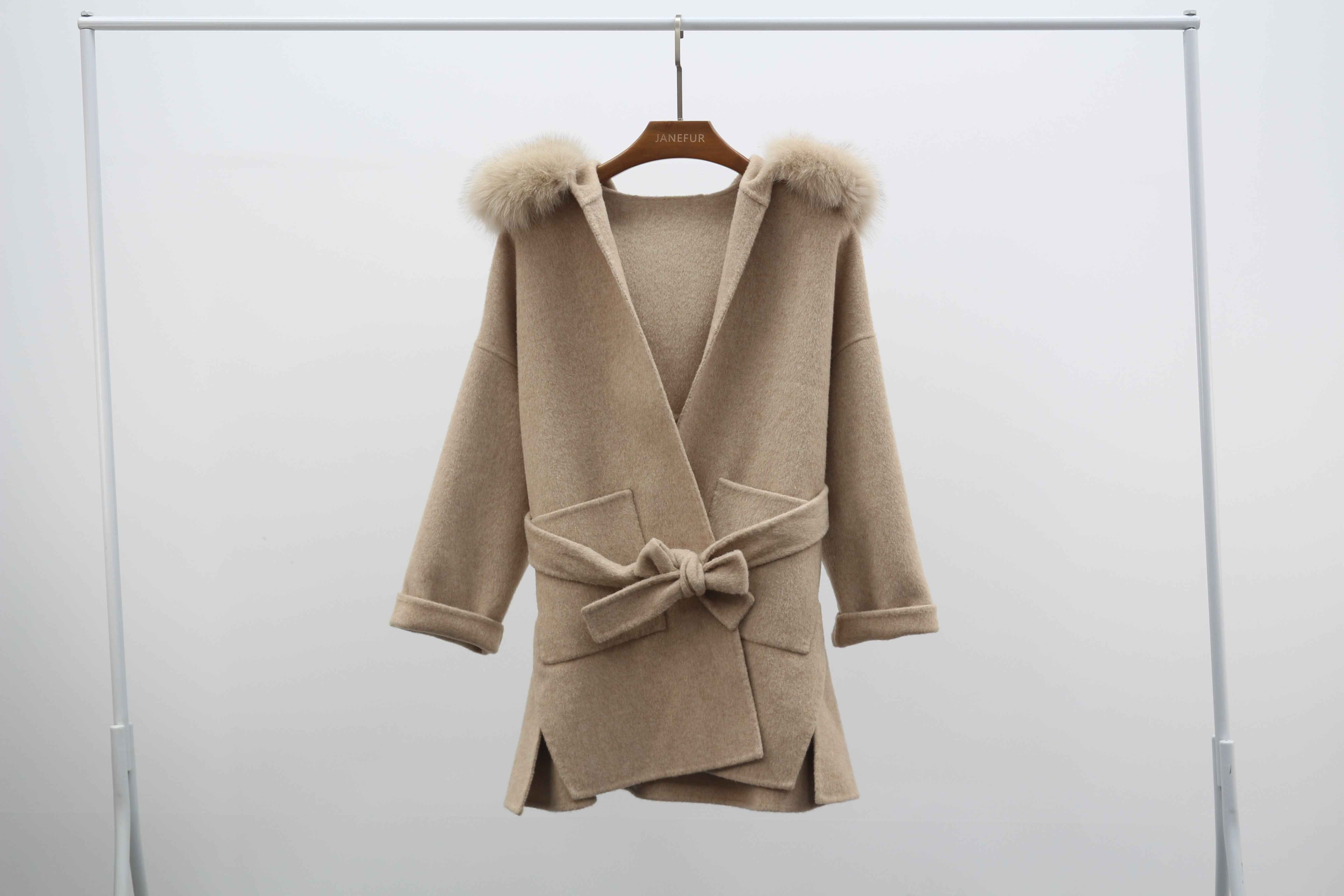 Double - Faced Wool Coat with Fox Fur Hood and Tie Waist
