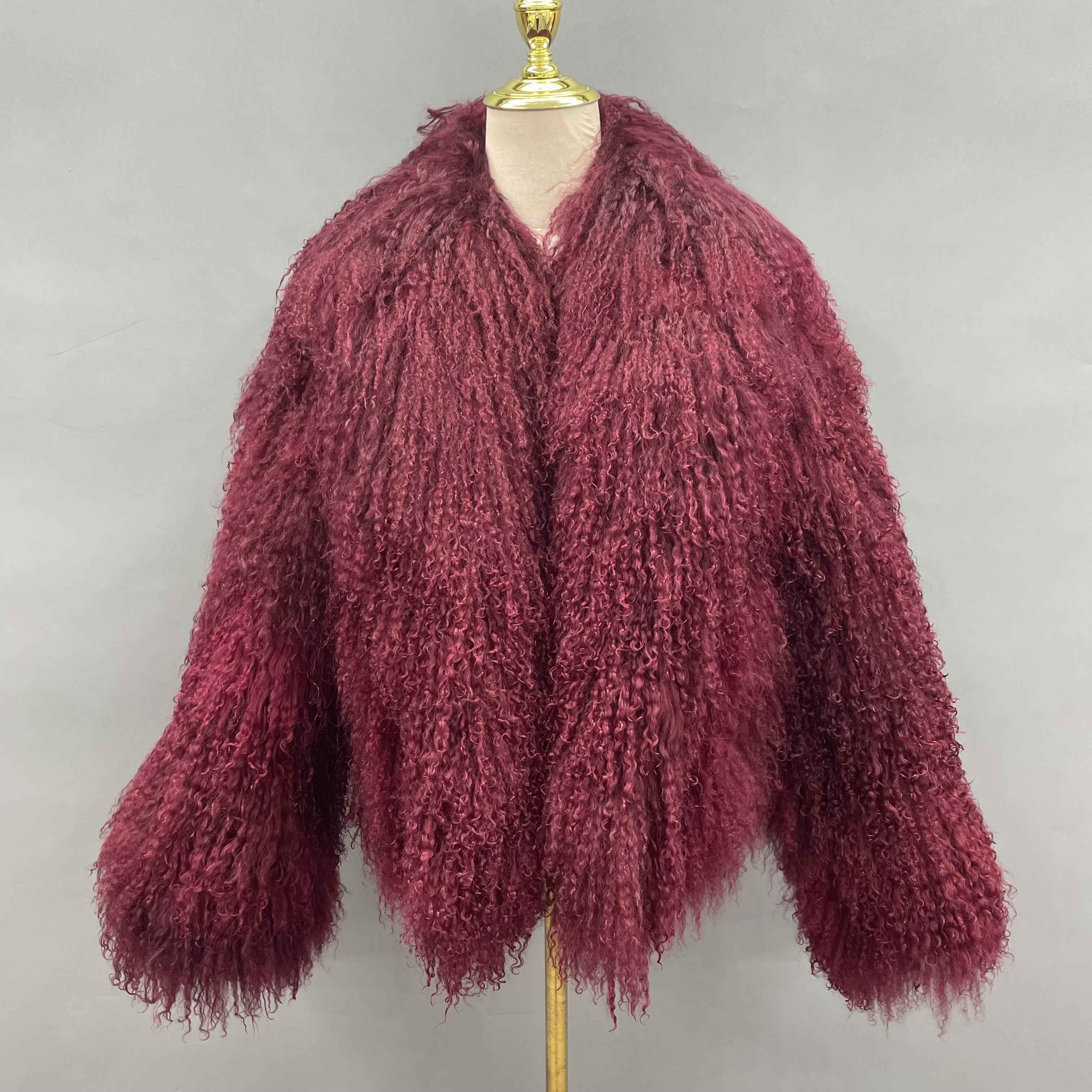 Women's Short Emerald Green Mongolian Lamb Fur Jacket – Notch Lapel, Curly Hair, Stylish Winter Outerwear for Women 5#Wine