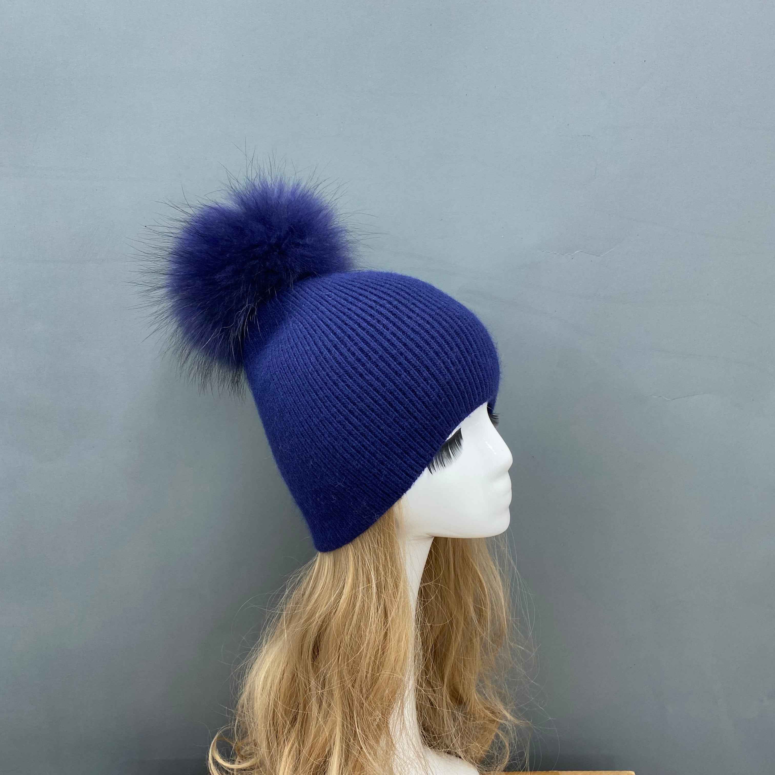 Women's & Kids' Gray Knit Beanie with Real Raccoon Fur Pom-Pom – Soft Rabbit Blend, Non-Cuffed Winter Hat for Family 9# Navy Blue