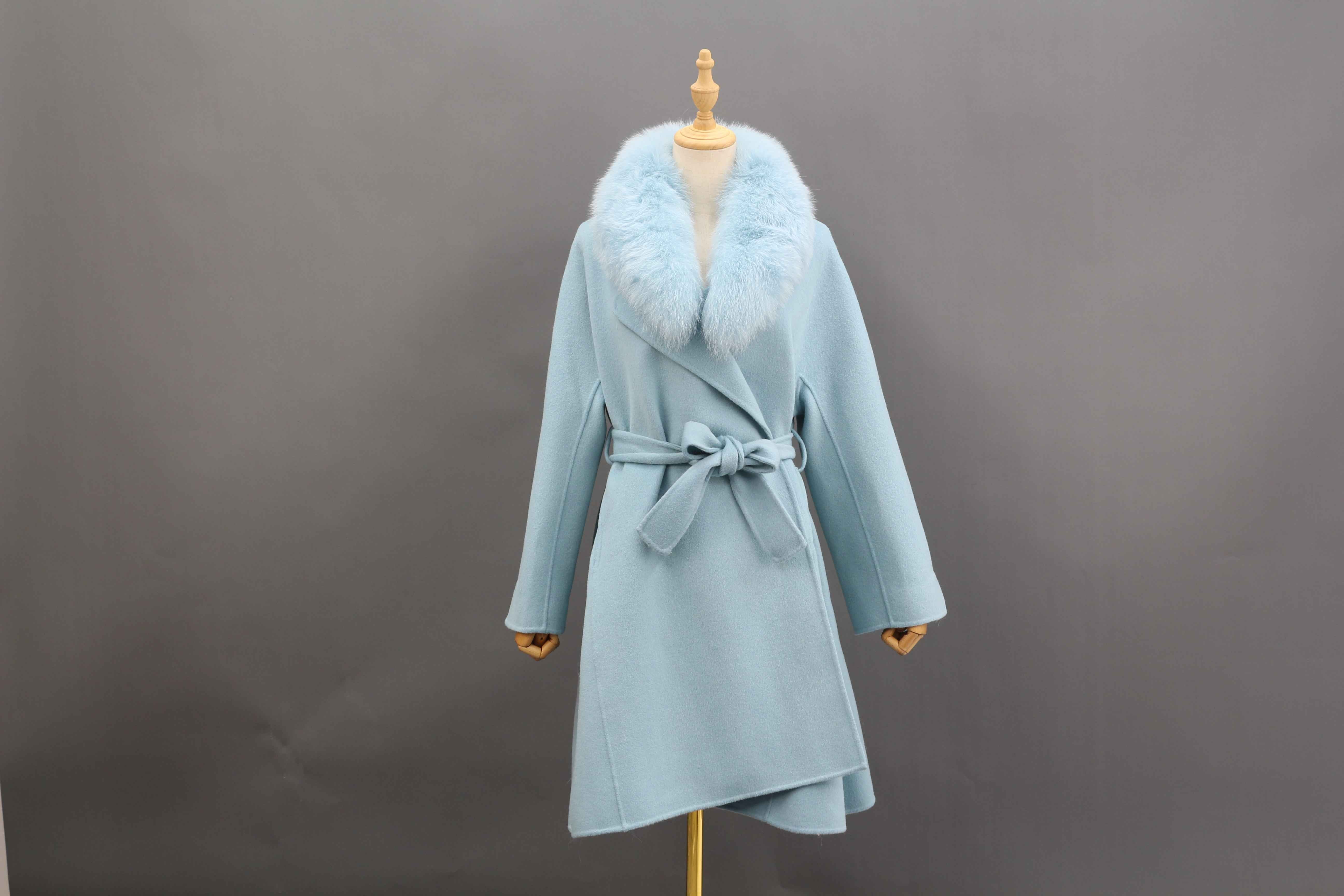 Women's Luxury Double - Faced Cashmere Coat with Fox Fur Collar, Small Flared Hem, Belted Elegant Winter Outerwear