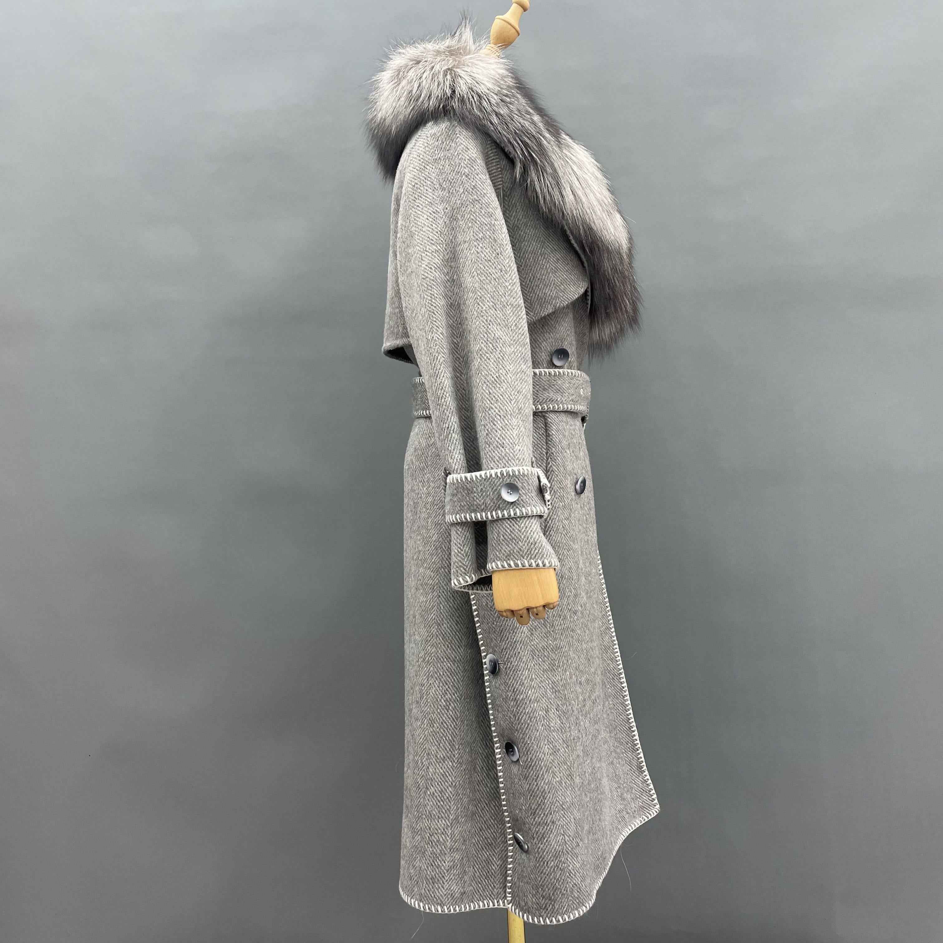 Women's Luxury Double - Faced Herringbone Wool Trench Coat with Large Fox Fur Collar, Belted & Contrast Stitching, Elegant Winter Outerwear